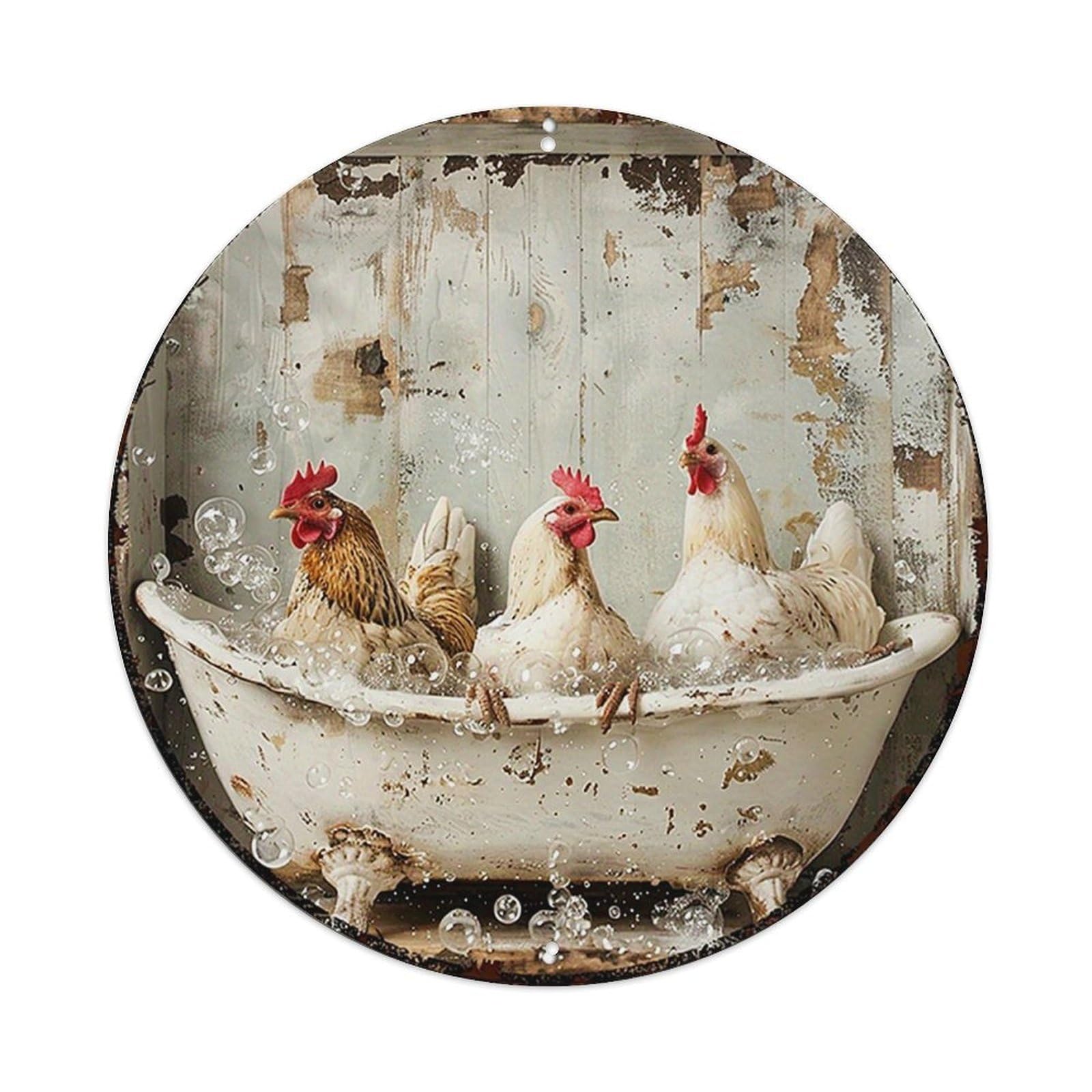 Chickens Bathing In Tub Bubbles Retro Metal Sign Round Tin Sign, Vintage Decor Art Poster for Bar, Home, Man Cave, Kitchen, Laundry Room Gift 8x8Inch