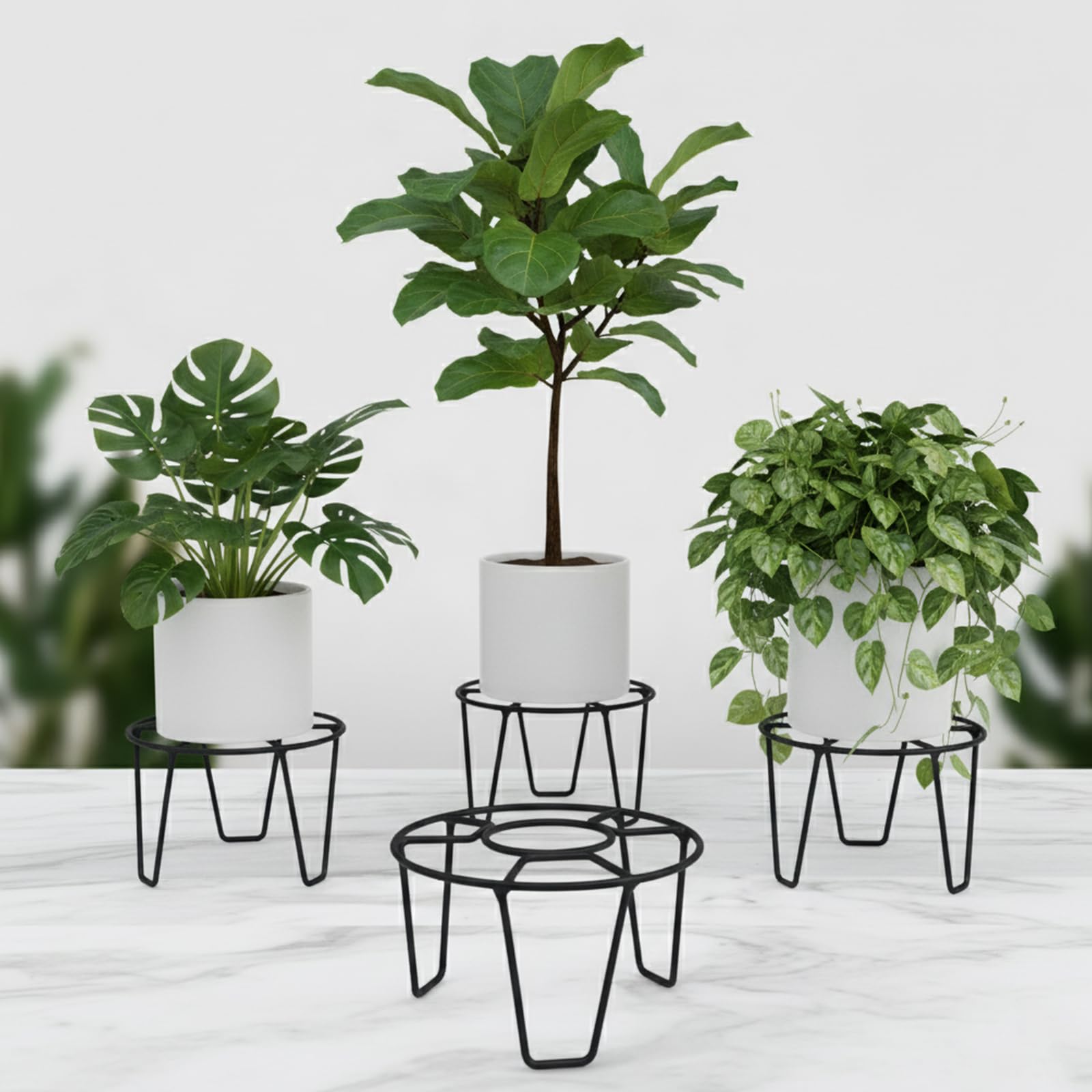 ORILEY Plant Round Stand Galvanised Metal Flower Pot Holder Indoor Gamla Support Corner Rack Outdoor Display Shelf for Home Garden Balcony Decoration - (Pack of 4, Black)