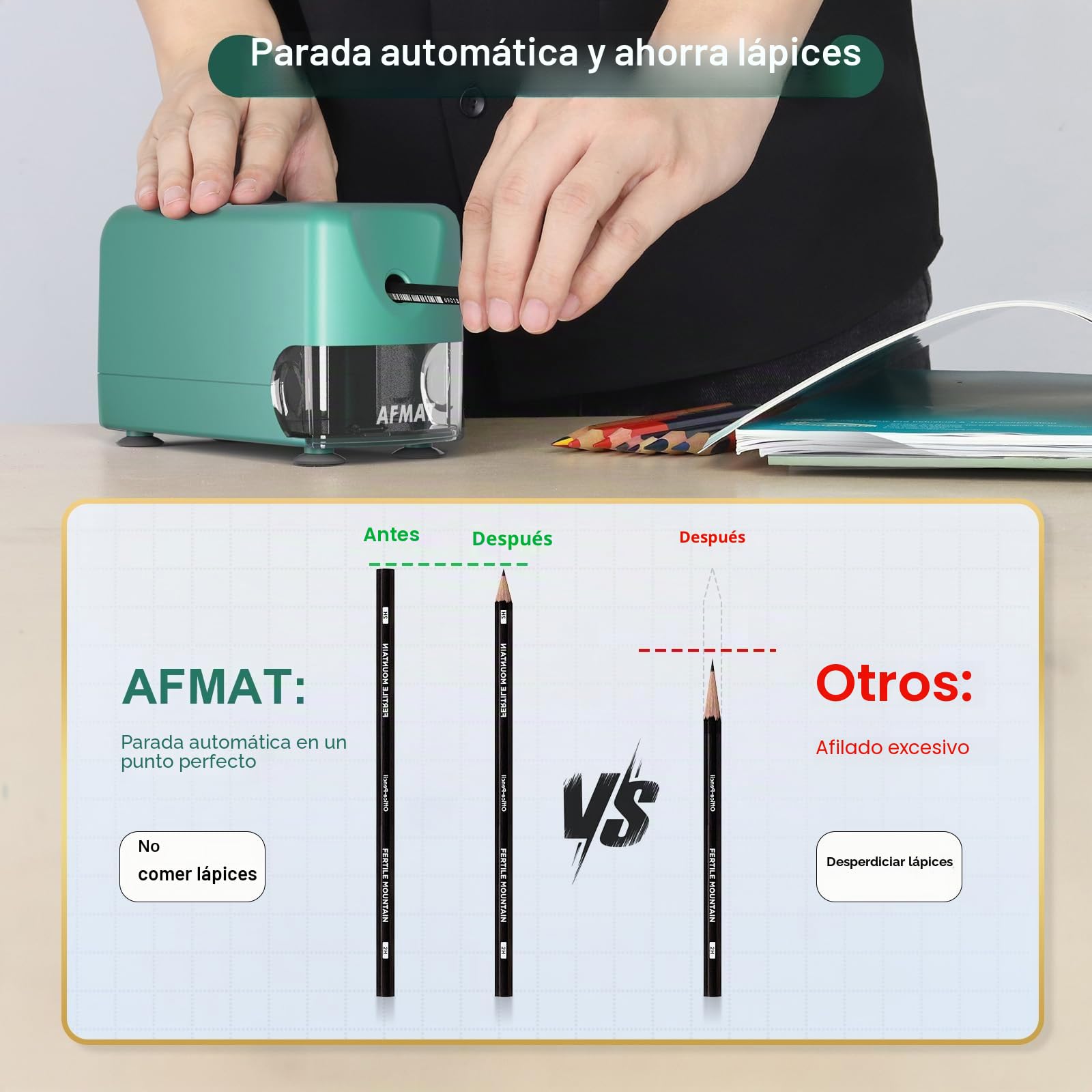 AFMAT Sacapuntas eléctrico automático, auto-Stop, sacapuntas eléctrico recargable con recipiente para lápices de 6-11 mm, punta rápida en 2 segundos, 10.000 puntas, verde PSD3