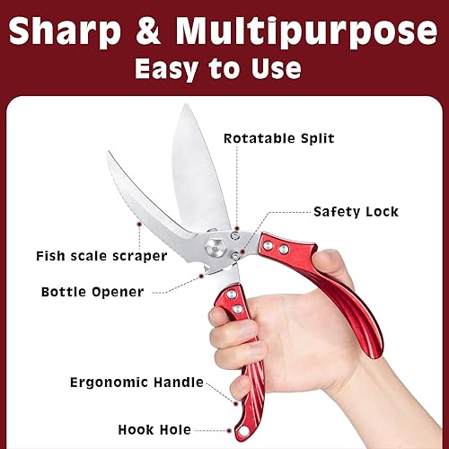 Miniatura 3 de Tijeras de cocina para alimentos, tijeras de cocina de acero inoxidable resistentes para pollo, hueso, carne, pavo, pescado, tijeras multiusos para