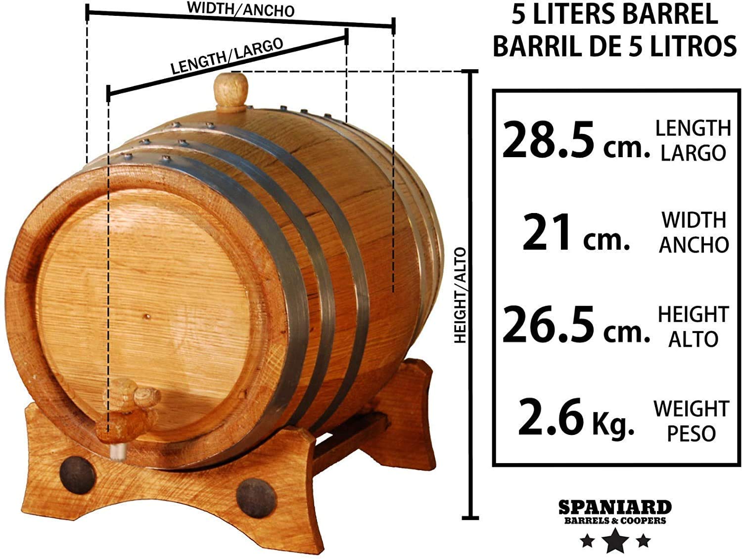 Spaniard Barrels & Coopers Barilotto fatto a mano in rovere americano, 5 litri