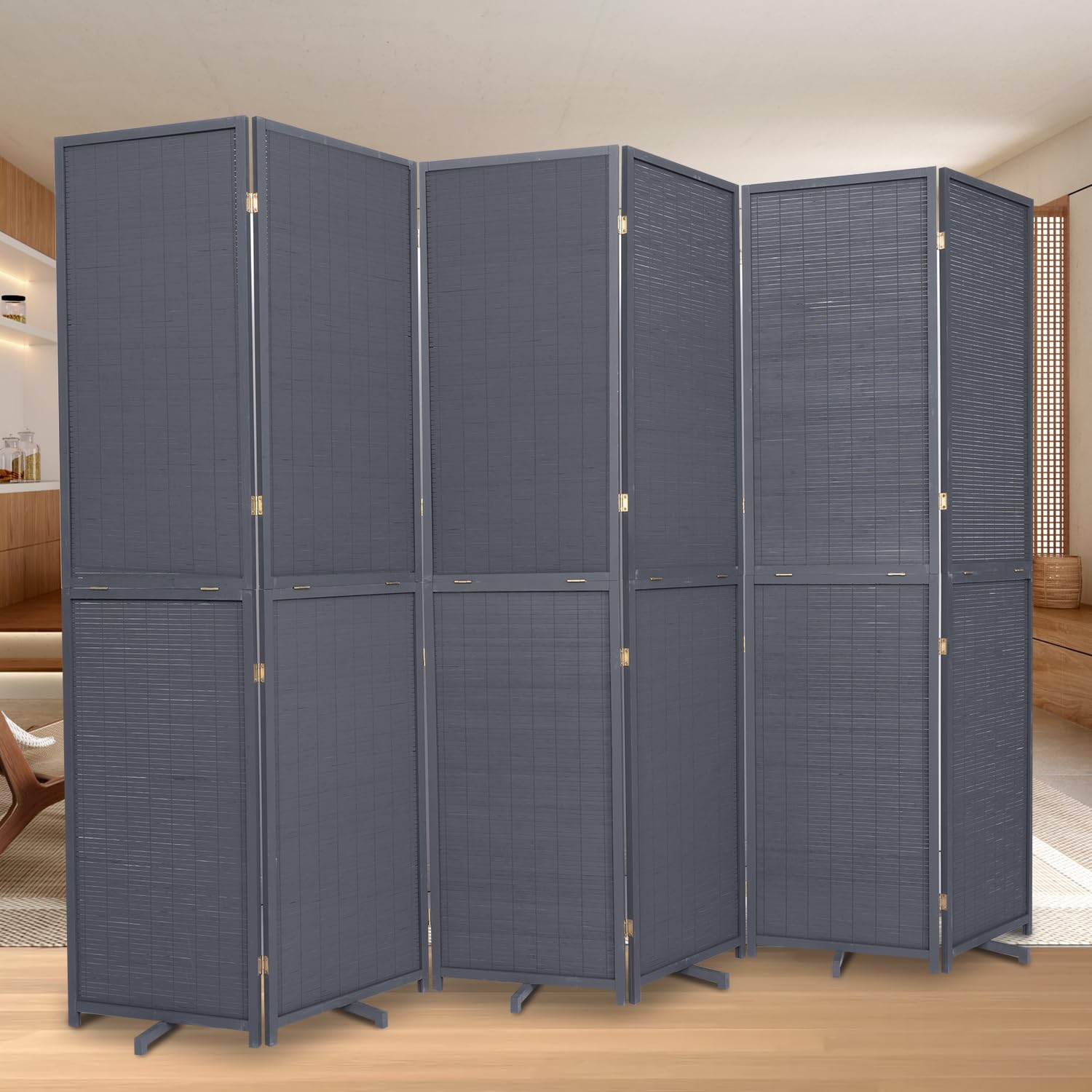 Room Divider Folding Privacy Screens, Hand-Made 67'' High Bamboo Room Dividers Freestanding 2-in-1 Multifunction 6 Panel Wall Divider for Room