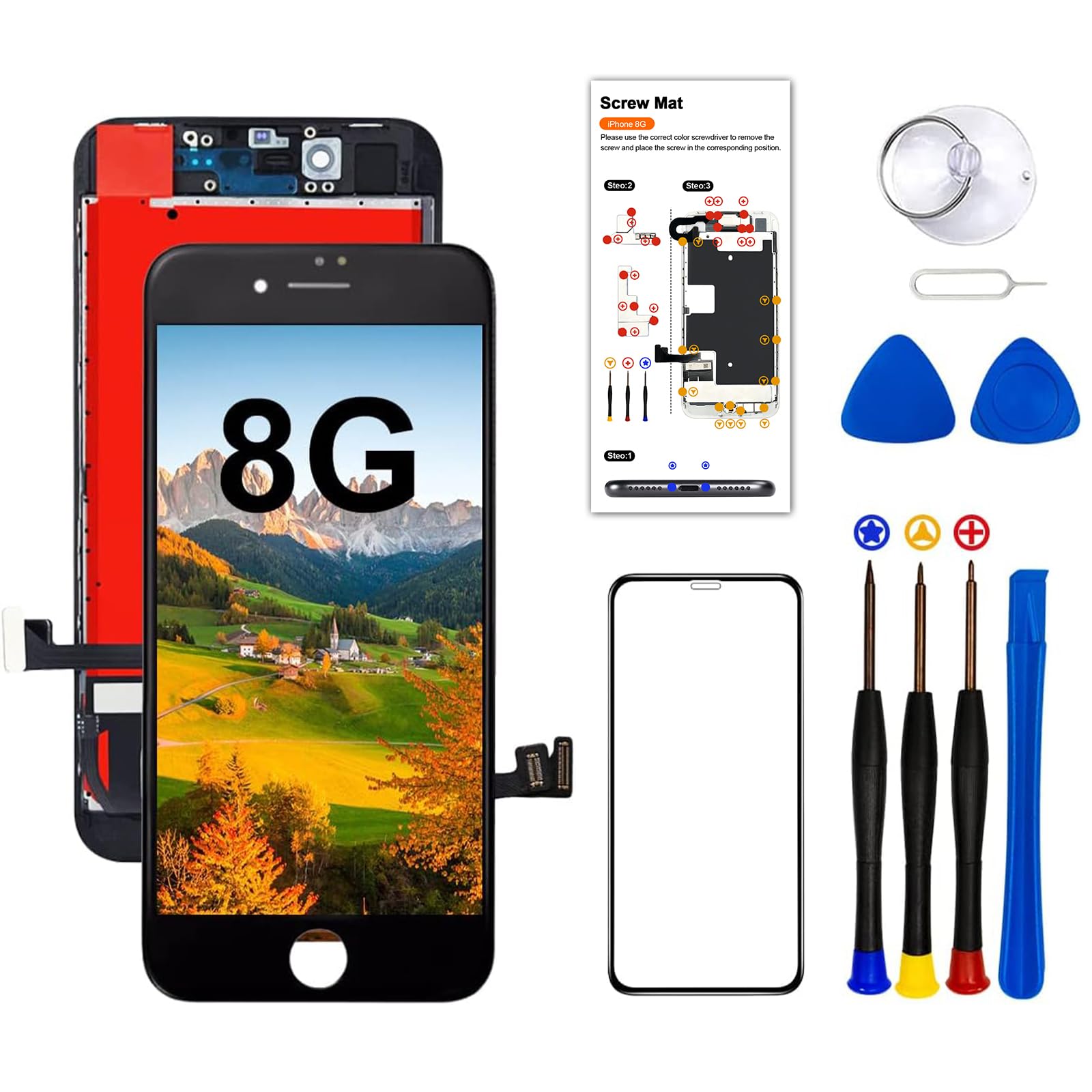 Dinow Display per iPhone 8/SE 2020 Schermo 4.7'' (Nero) Full HD Schermo per iPhone 8G, LCD 3D Touch Display di Vetro+Kit di Attrezzi per Il Modello A2275, A2296, A2298,A1905,A1863,A1906