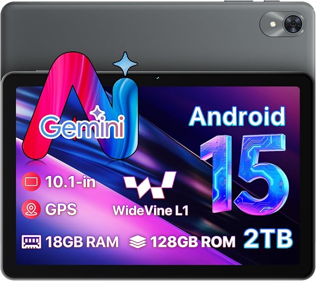 Comprimé Le premier Android du monde 15 avec Gemini AI,10.1 1 cm 18GB RAM 128GB ROM /2TB TF, Vitesse jusqu'à 2.0 GHZ,Vigne large L1,5000mAh,FM Radio,WiFi6, GPS,Bluetooth, Cadeau de voyage, Enfants Space,YT pour enfant