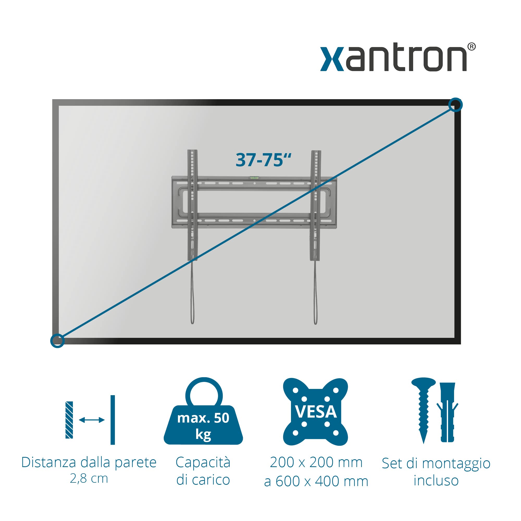 Xantron® STRONGLINE-42 Staffa TV fissa 37-75 pollici/VESA 200x200 a 600x400 / Supporto TV universale max. 50kg / Staffa TV slim - incl. materiale di montaggio