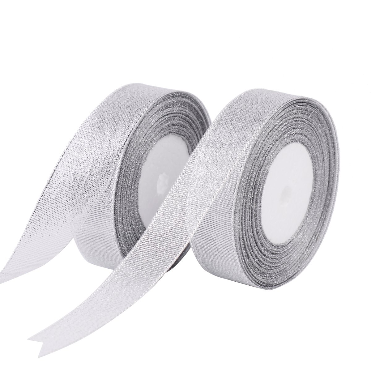 Feyarl 1-inch Wide Glitter Metallic Sparkle Ribbon by 50-yards (2 rolls X 25yd) Crafters Wedding Holiday Ribbon Home Decoration Ribbon Gift Wrap Card Making Hair Bows Floral Projects (Silver)