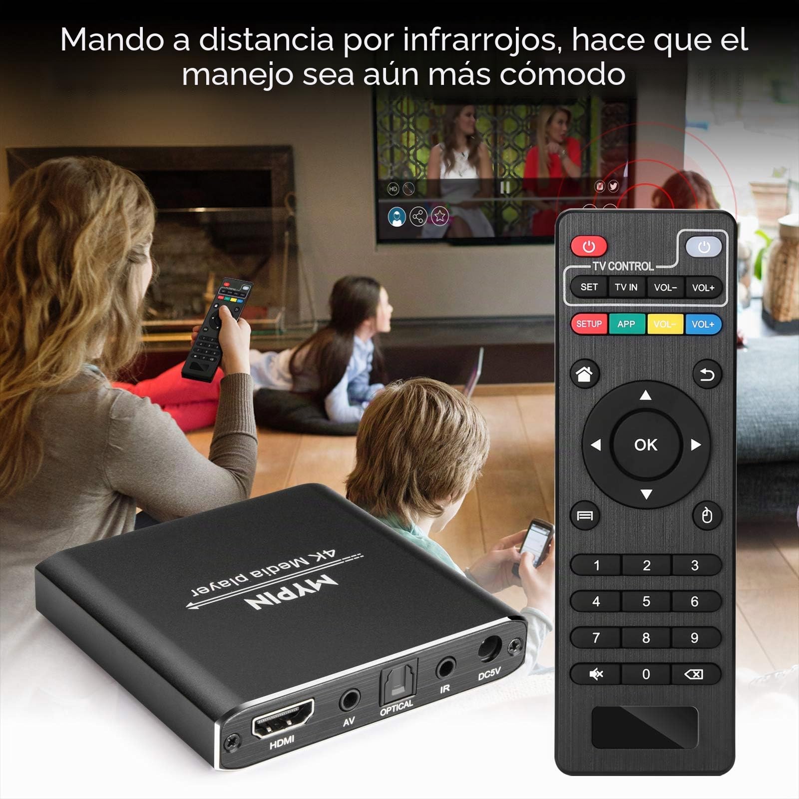 Reproductor Multimedia 4K, MYPIN Media Player con Control Remoto para Disco Duro de 8TB/Unidad USB/Tarjeta TF/H.265 MP4 PPT MKV AVI Admite Salida HDMI/AV/Coaxial-HDMI hasta Sonido Envolvente 7.1