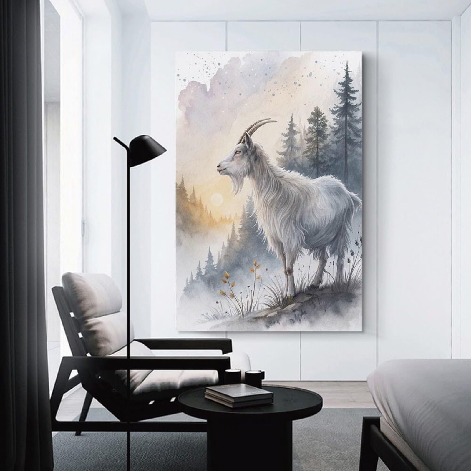 Junmoney White Goat in Misty Mountains Wall Picture Print 12x18inch(30x45cm), for Lounge Decor, Offices Or Entryway Styling, Versatile Wall Decor for Many Rooms
