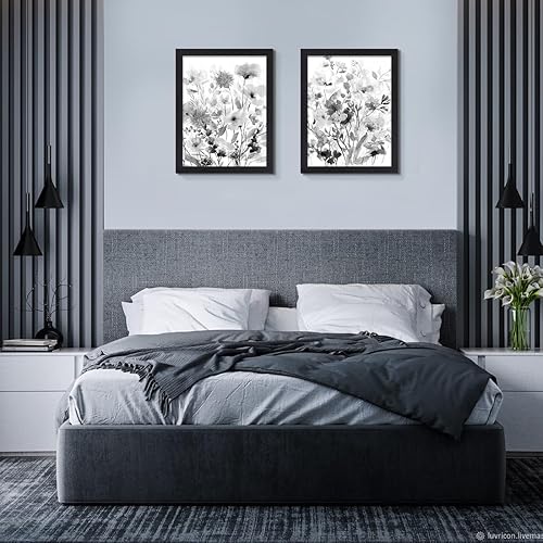Miniatura 5 de Lienzo botánico para pared, imágenes de flores silvestres en blanco y negro, pinturas rústicas y florales, decoración de 2 paneles, arte moderno