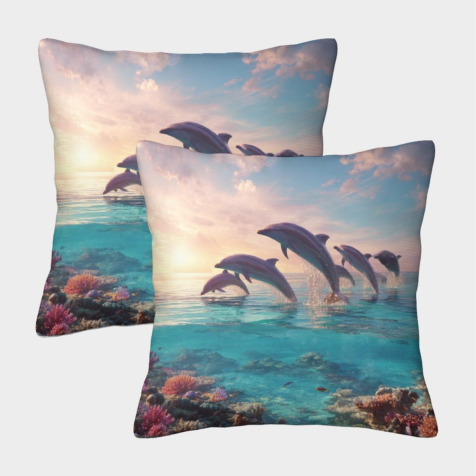 kaiyun 2 Pack Jumping And Playing Dolphins,Coral Reef Lagoon Pillow Case 45x45cm 3D Printing Cushion Cover,home Decoration Sofa Cushion
