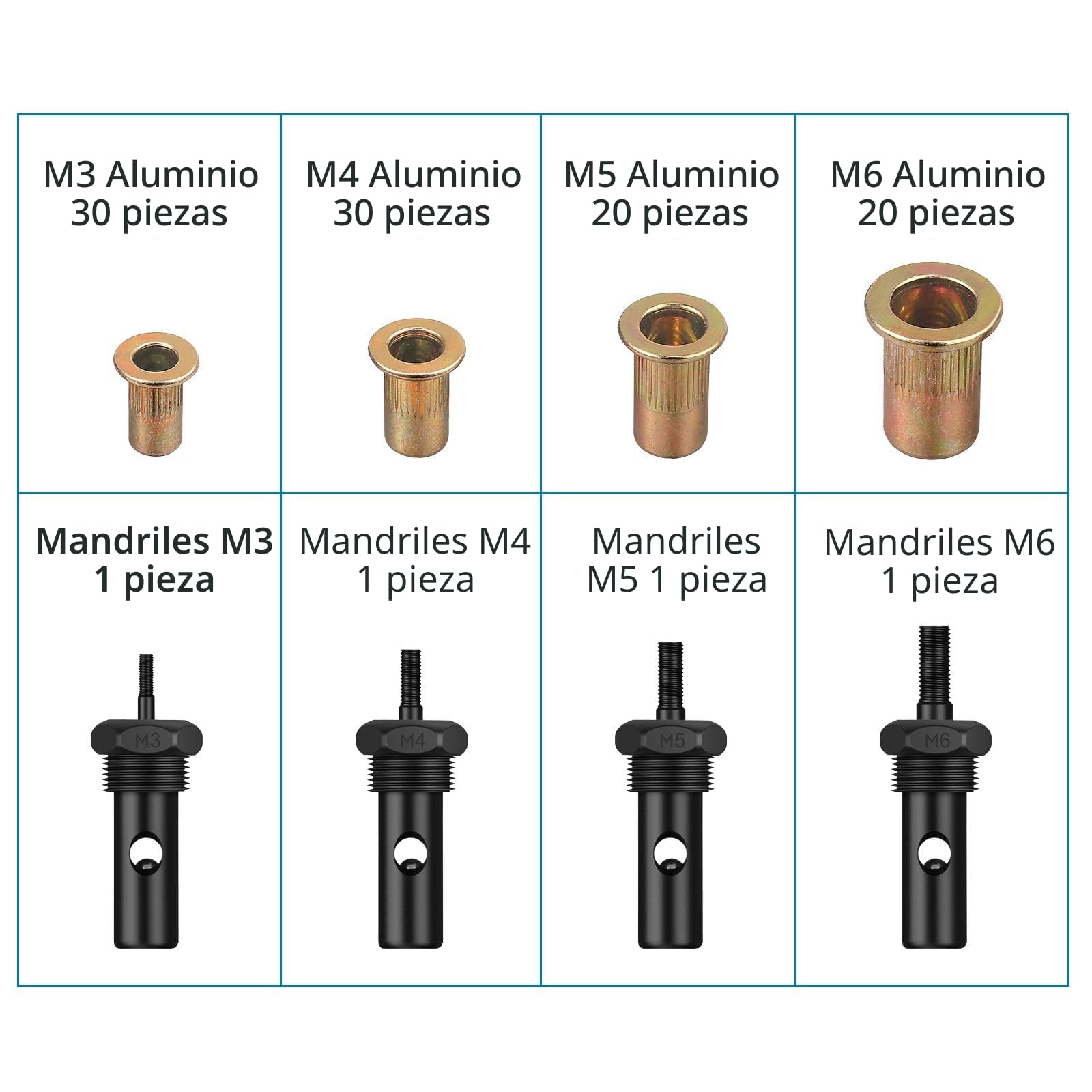 AUTOUTLET Remachadora de Tuercas, 8" Remachadora Manual, con 100PCS Tuercas de Remache, 4 Mandriles Intercambiables M3 M4 M5 M6, Llave Incorporada, Remachadora de Tuerca Profesional - Verde