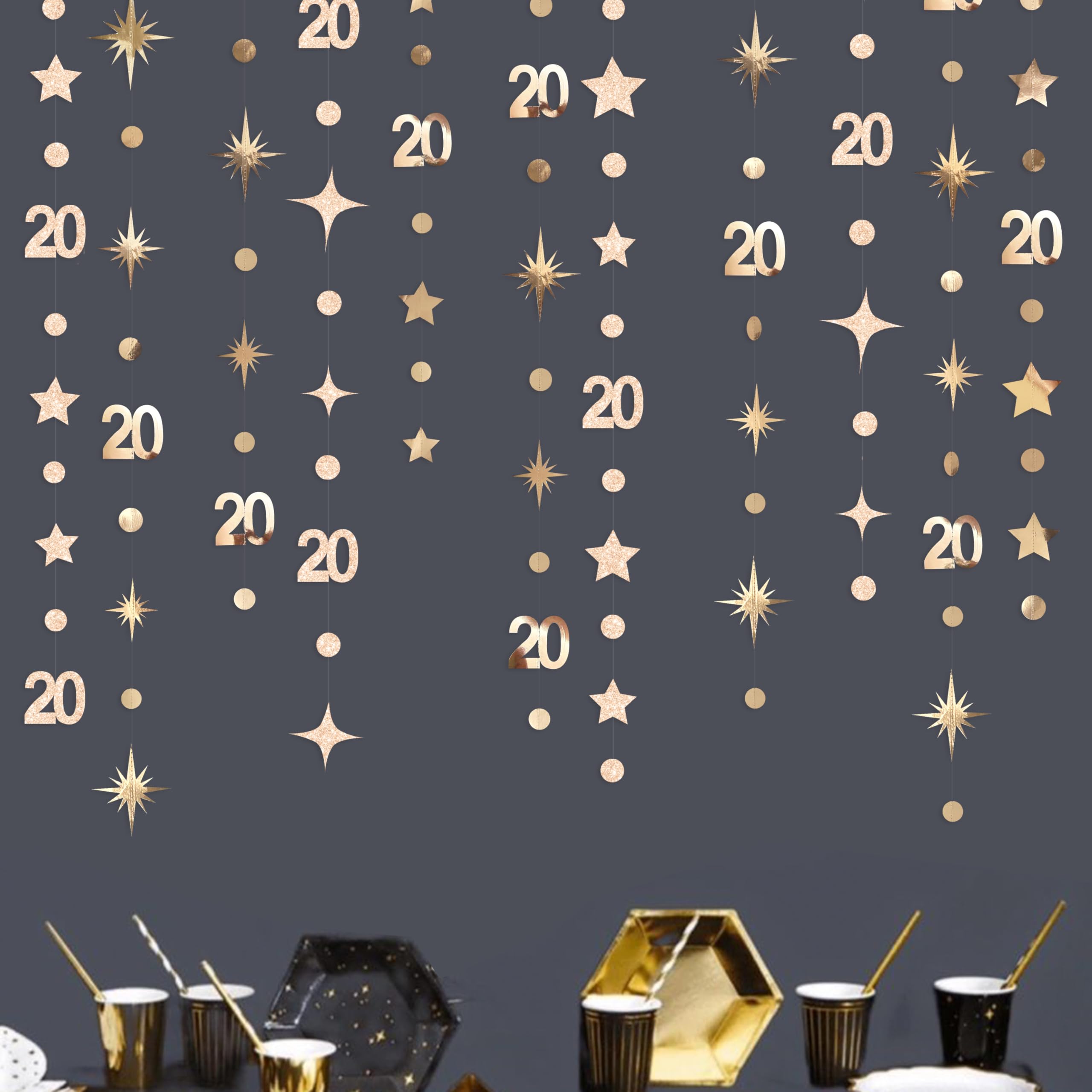 Champagne Gold 20th Birthday Decorations Number 20 Circle Dot Star Streamer Banner Backdrop for Women Mens Cheers to 20 Years Birthday Happy 20th Anniversary Awesome Since 2006 Party Supplies