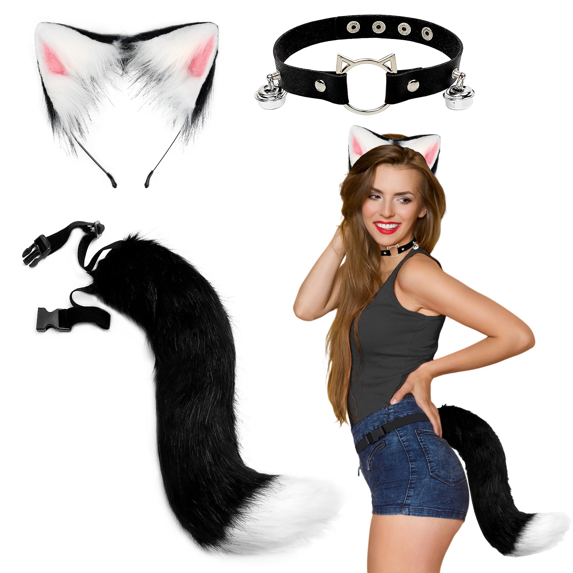 Orgoue Disfraz de gato para adultos y mujeres, orejas de gato negro, piel sintética, lobo, cola de zorro, gargantilla, juego de disfraz para niñas, Halloween, fiesta, Negro , 1