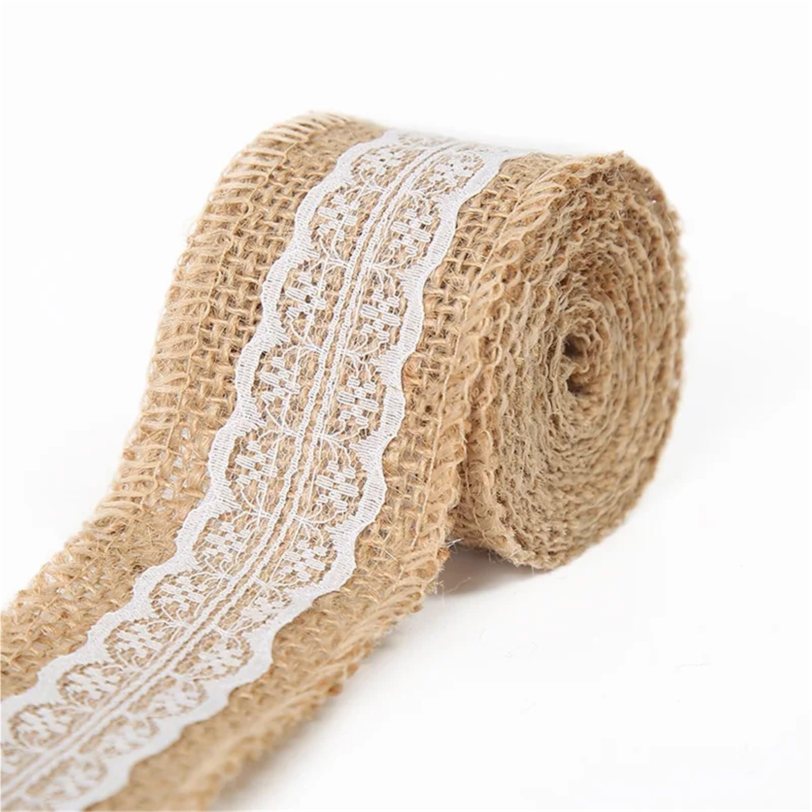 Hessian Roll 1-10Meters Natural Jute Burlap Ribbon with White Lace Trim Handcraft Linen for DIY Wedding Home Decor Packaging(N0.24 Width 5cm,1Meter)