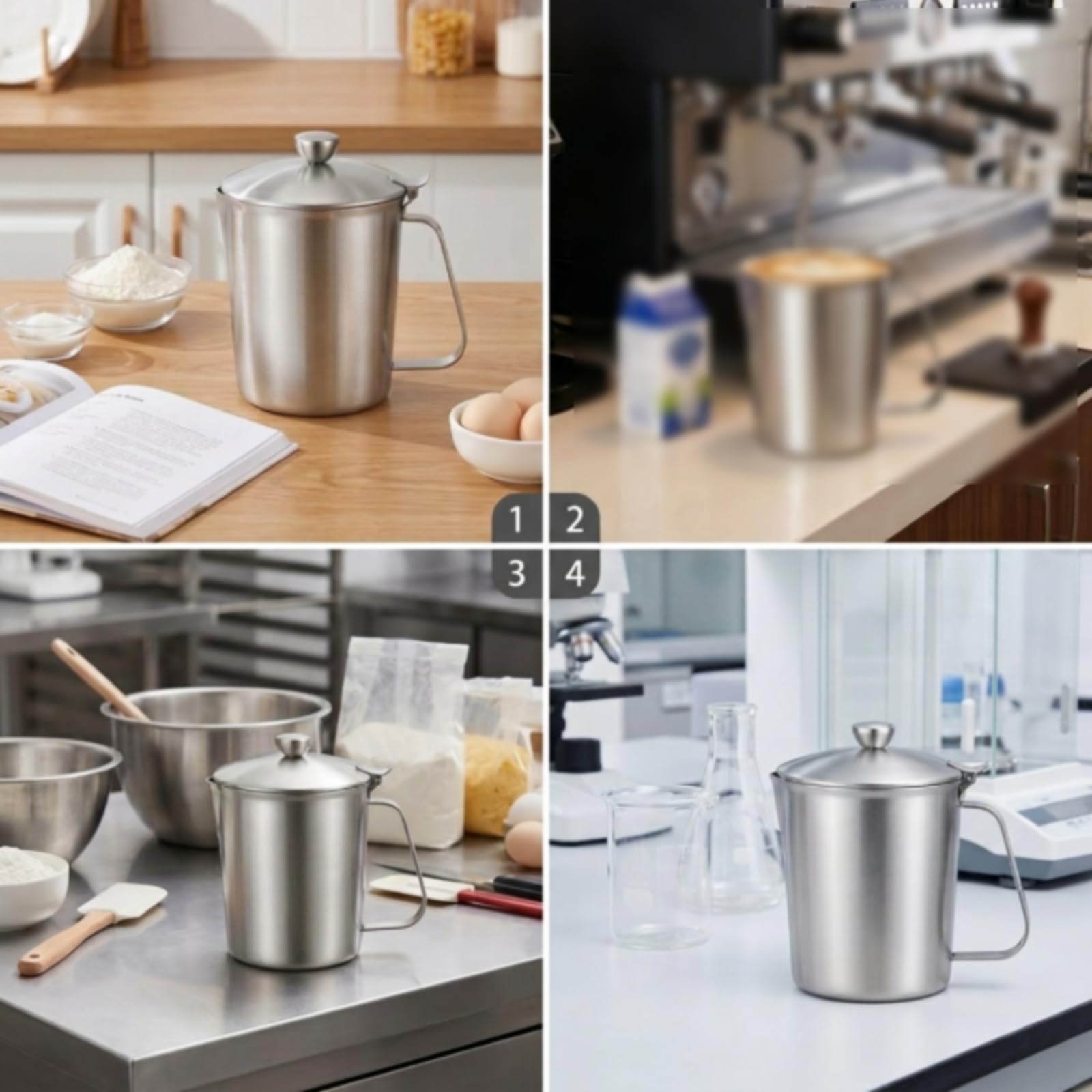 Vaso Medidor de Cocina Jarra Taza Recipiente con Tapa de Acero Inoxidable 304 con Preciso y Asa Robusta con Escalas Internas Adecuado para Medir, 1500ML