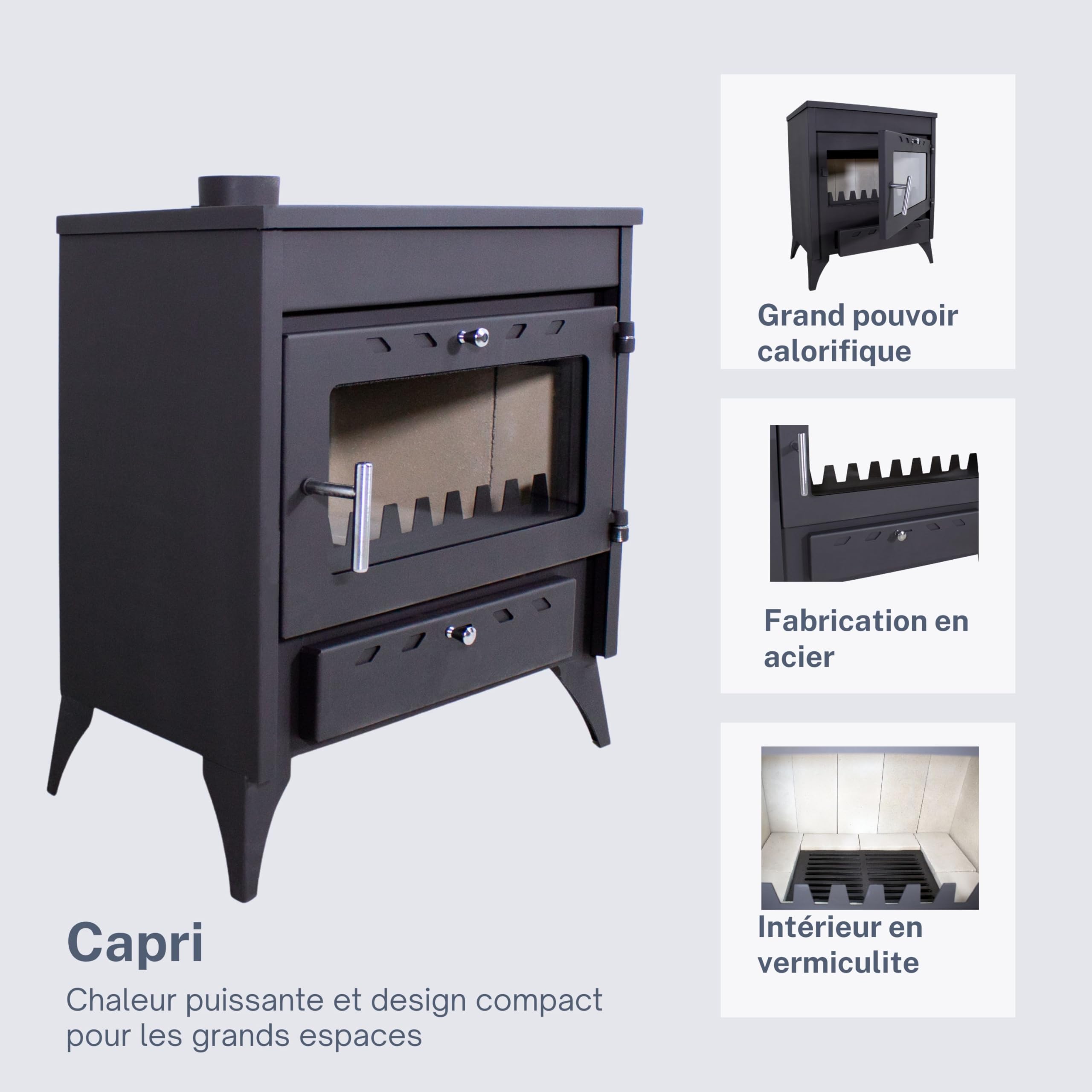 EIDER BIOMASA Poêle à Bois 17,05 KW - Compact 84 x 51 x 66 cm - Faible consommation - Fonte - Grande Chambre pour Grands Troncs - Jusqu'à 297 m3 - Efficacité énergétique Classe A - Vision du feu