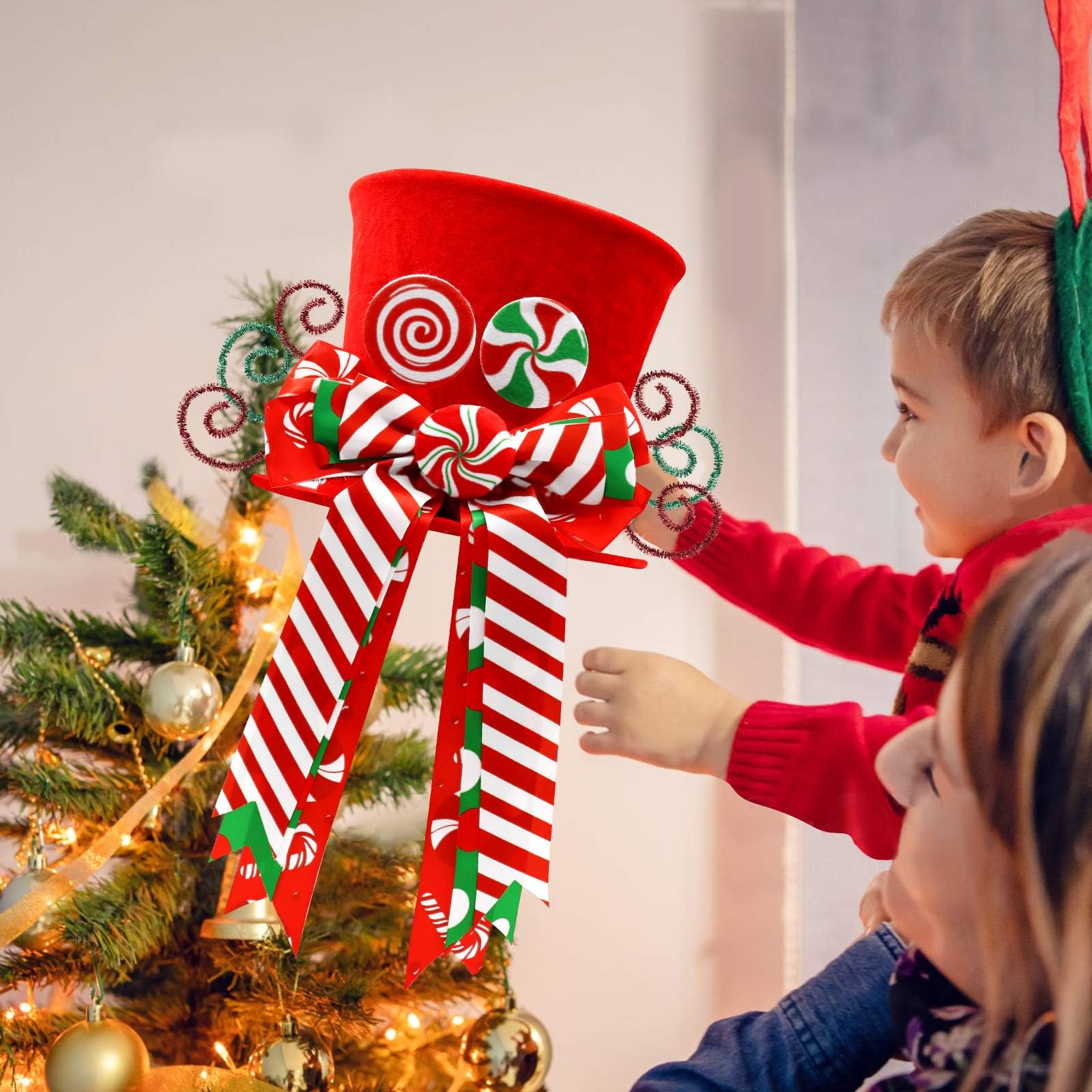 Weihnachtsbaumspitze Mit Zuckerstangen-Motiv – Roter Samt Mit Schleifen, Perfekt Für Baum-Deko (ca. 24 Cm)