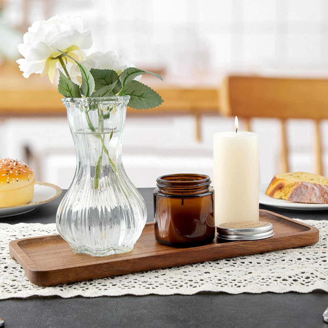 Tablett Holz 30x12 cm 3er Set, Dekotablett aus Akazienholz, Serviertablett Klein Holz Tablett, Holztablett Deko Rechteckig, Deko-Tabletts für Dessert Kosmetik Schmuck Kerzen