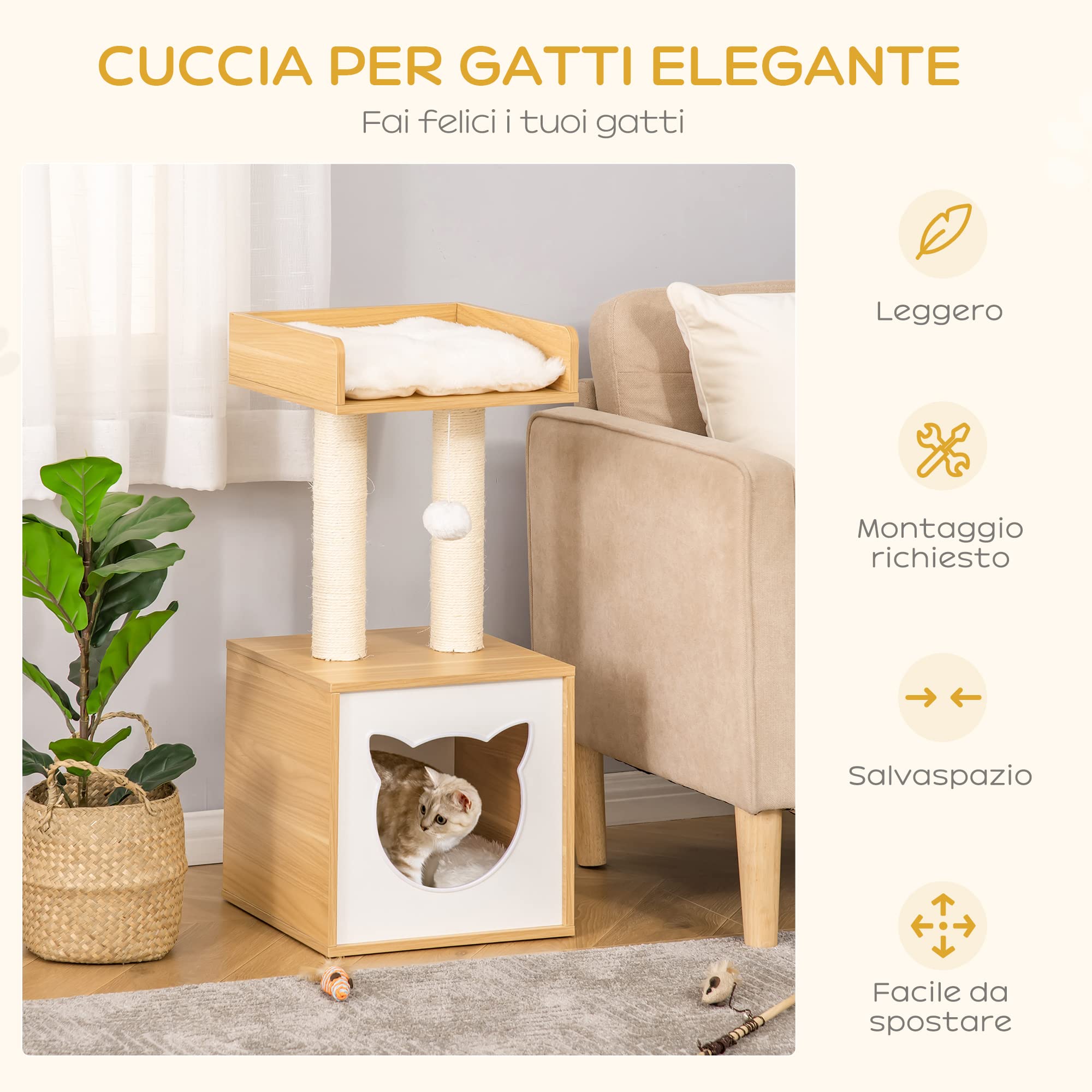 PawHut Casetta per Gatti con Pali Tiragraffi in Sisal, Cuccia e Lettino con Cuscini Lavabili e Pallina, 35x35x81cm, Rovere