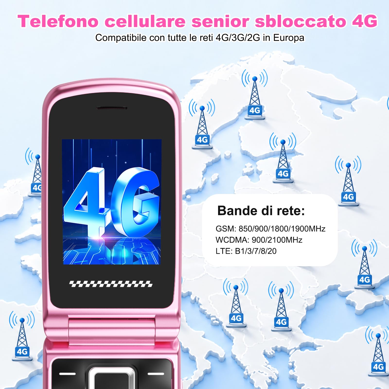 4G Telefono Cellulare per Anziani | Flip Telefoni Cellulari con Tasti Grandi | Doppia SIM | Annunci vocali | Volume alto | Funzione SOS | 2.4"+1.77" Doppio Pantalla | Selezione Rapida | Rosa