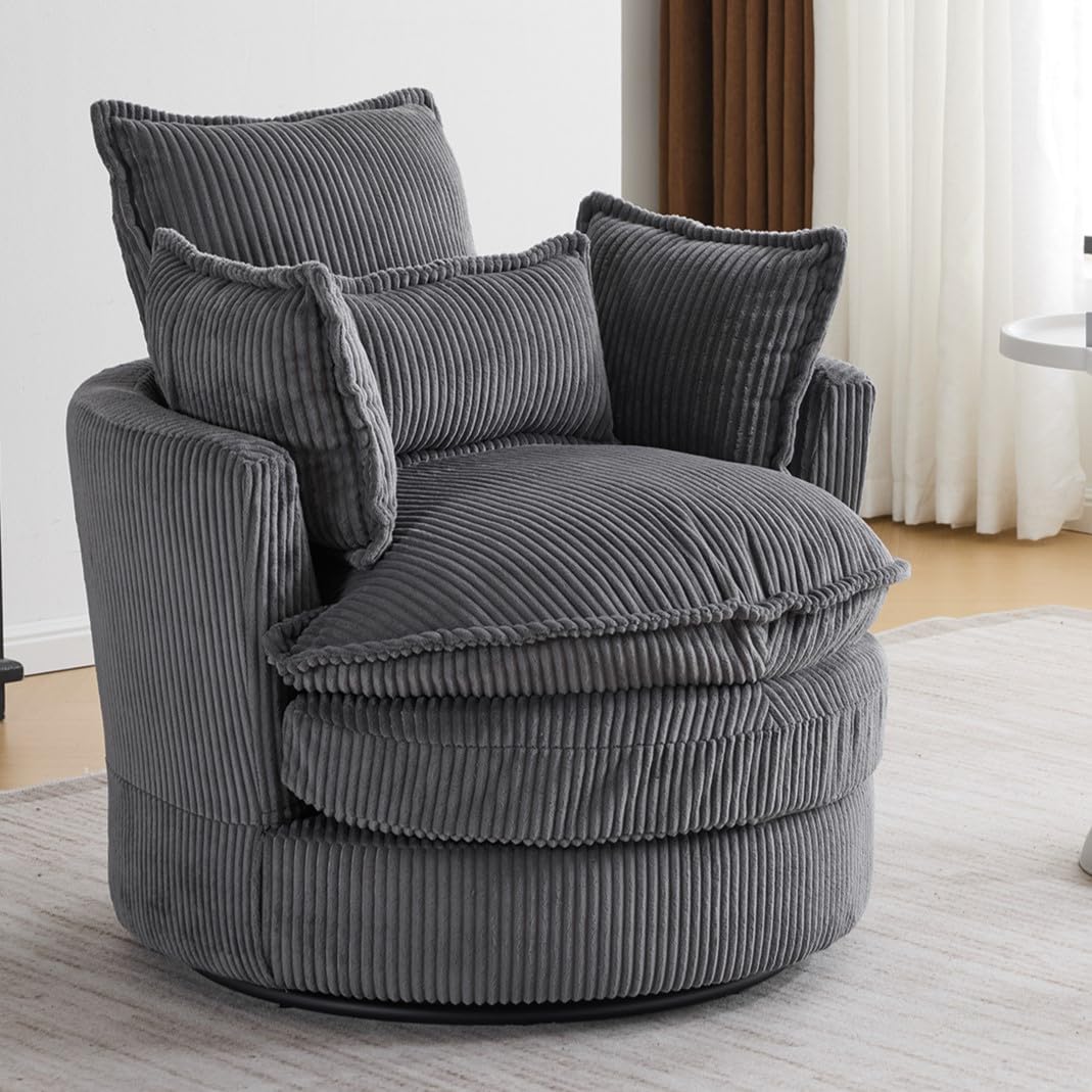 360°Swivel Accent Chair，Comfy Corduroy Swivel Barrel Chair，Modern Round Armchair Single Sofa with 3 Pillows，for Living Room/Bedroom-Grey