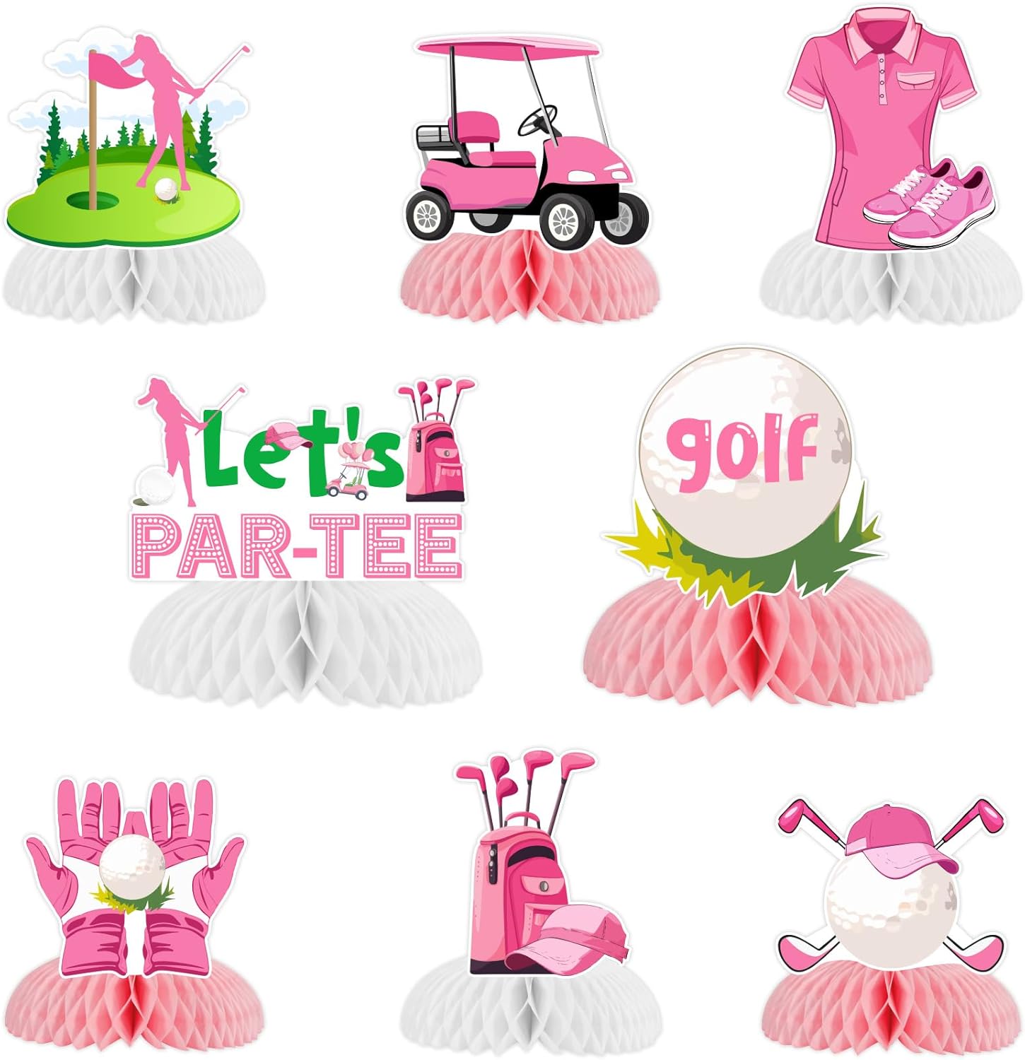 Jollyboom Golf Themed Party Decorations for Girls, 8pcs Pink Golf Let 's Par-Tee Honeycomb Centerpiece Golf Table Centerpieces Table Toppers for Golf Themed Birthday Baby Shower Sports Theme Party