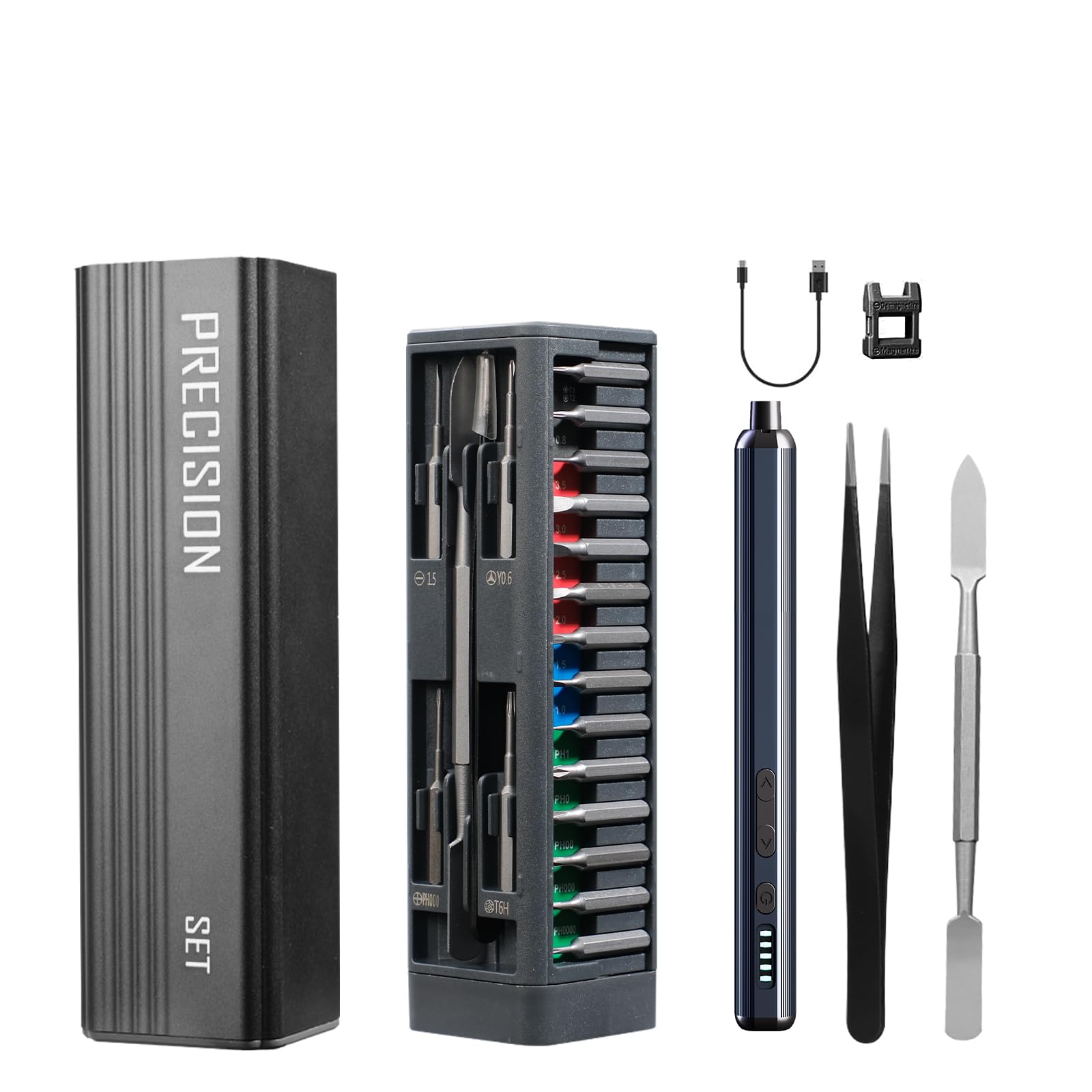 52 in 1 Electric Precision Screwdriver Set with LED Light incudes Tweezers, Pry Tool,46 Bits, Color-Coded Bits & Magnetic Storage,for Smartphone, Watch, Eyeglasses,Switch,Laptop, PC Repair (Gray)