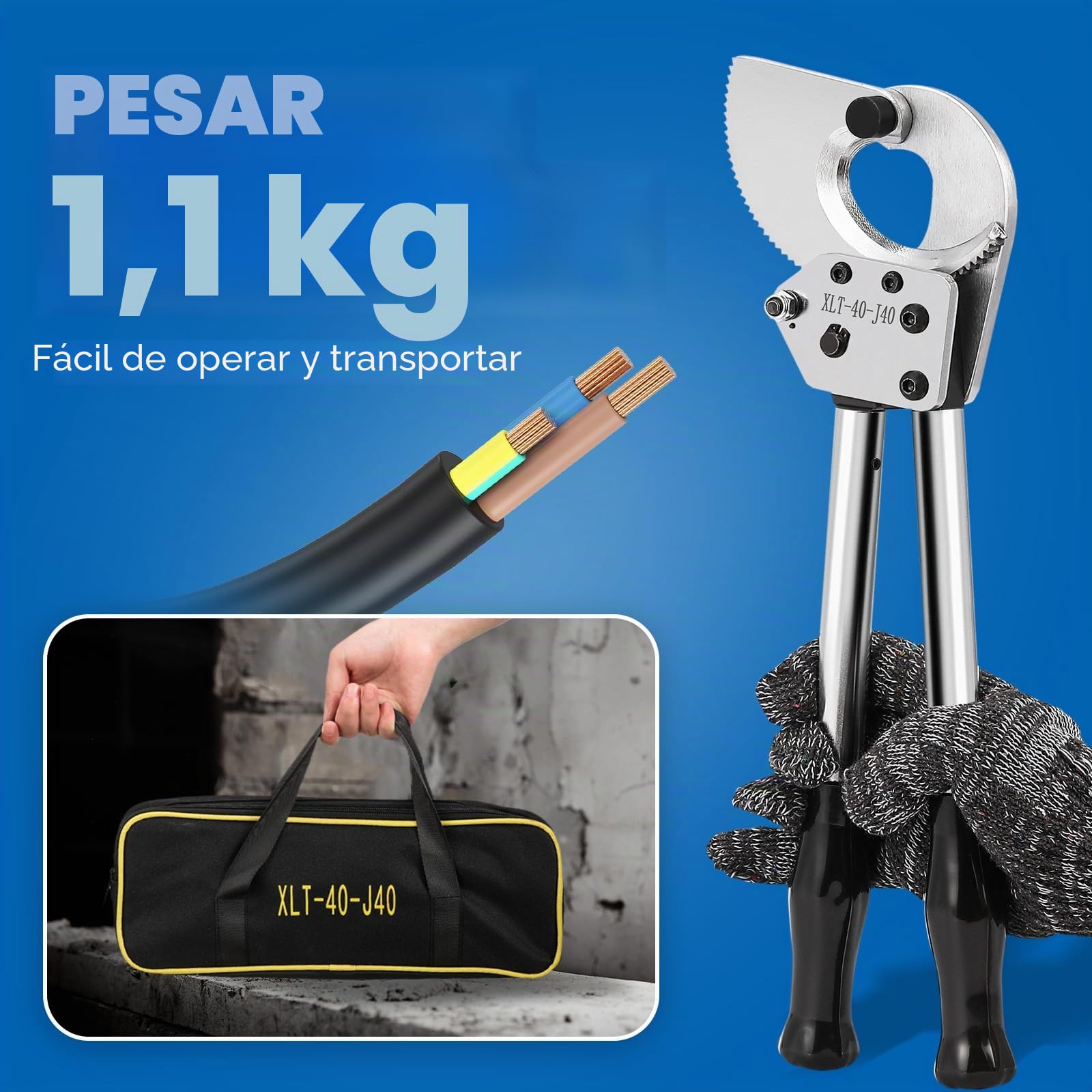 NEWTRY - Cortador de cable resistente de trinquete (corte de hasta 300 mm², 1000 pares de cables de comunicación duraderos, eficientes, fáciles de usar