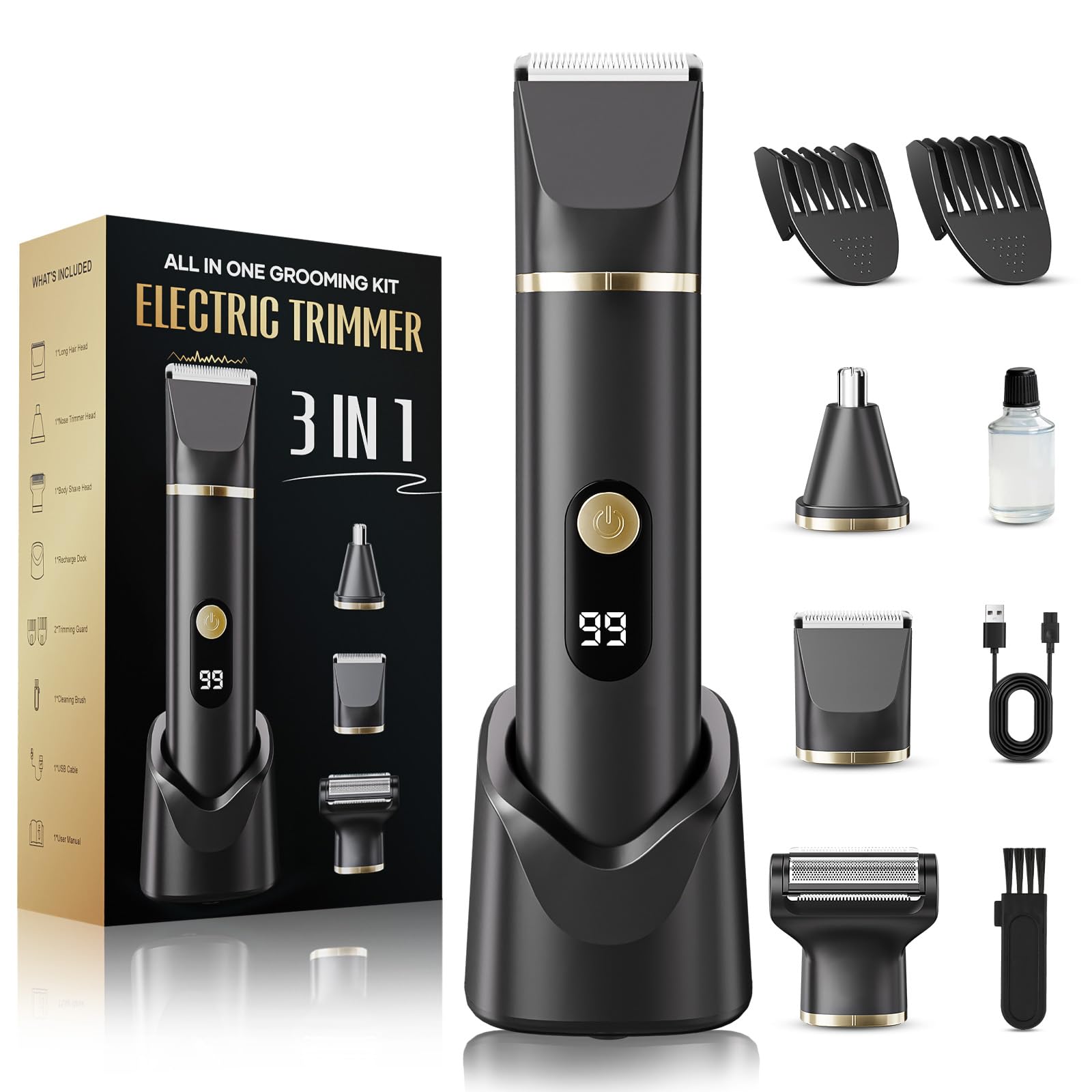 Tondeuse à barbe pour homme, étanche IPX7, rasoir électrique sans fil, kit de toilettage pour barbe, nez, oreilles, jambes, poitrine, aine, pubis