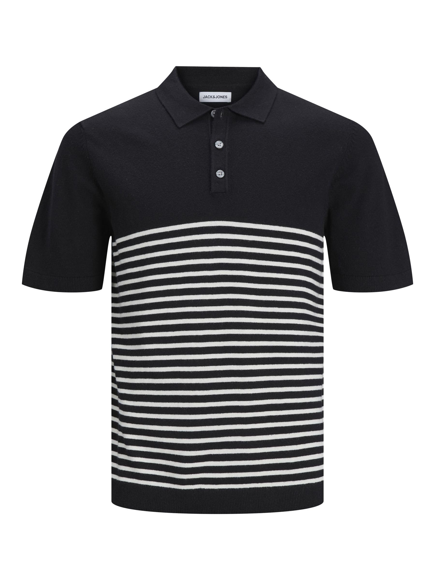 JACK & JONES Men's Jjeemil Knit Polo S/S Sn Jeans, Black/Stripes: Cloud Dancer., S