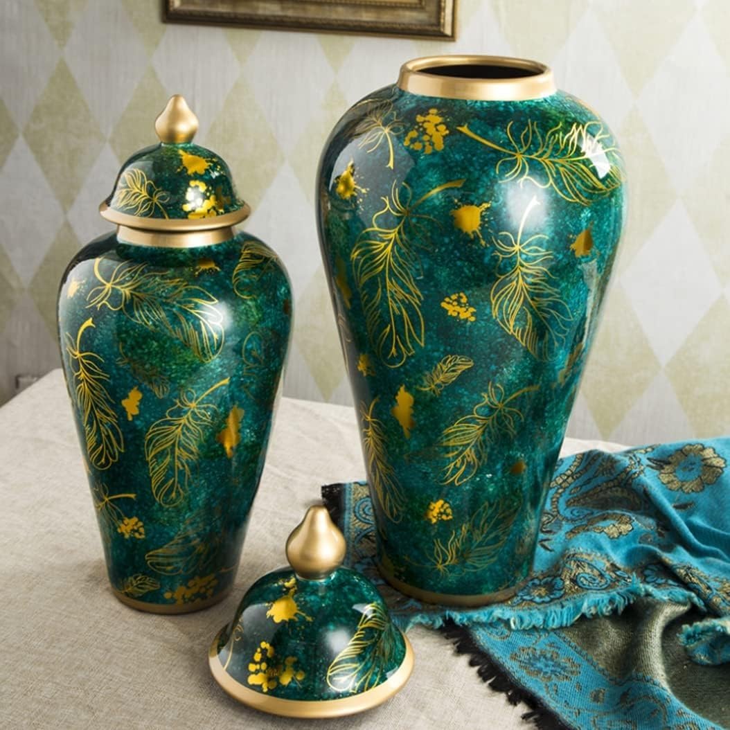 Duży ceramiczny wazon na imbir ze złotymi wykończeniami, nowoczesny rustykalny porcelanowy słoik (B) (Szary Wilk)