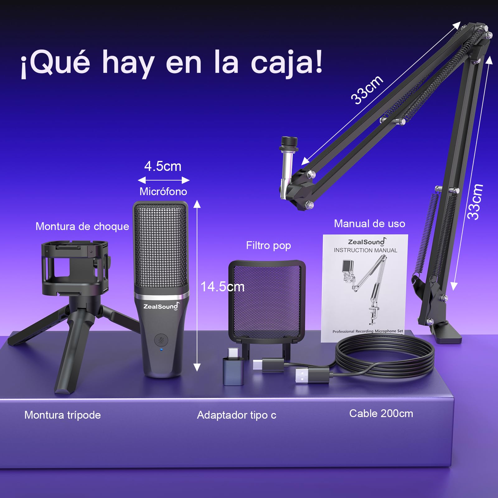 zealsound Gaming micrófonos USB, micrófono Condensador RGB, micrófono PC, Soporte con Brazo, cardioide, Silencio, Youtube/Zoom, transmisión en Vivo, en línea, Android/Windows/macOS/para PS 4&5