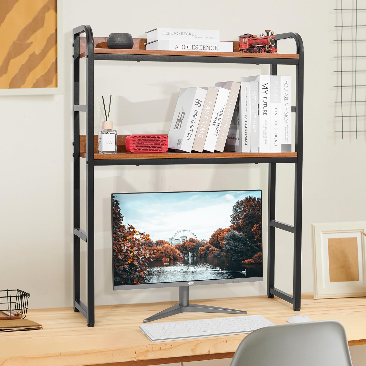 Latitude Run® Clamp On Desk Shelf, 2 Tier Office Desk Shelves Organizer Wood Desktop Supplies Storage Rack Desk Organizers And Accessories Black W115879581 - View #9