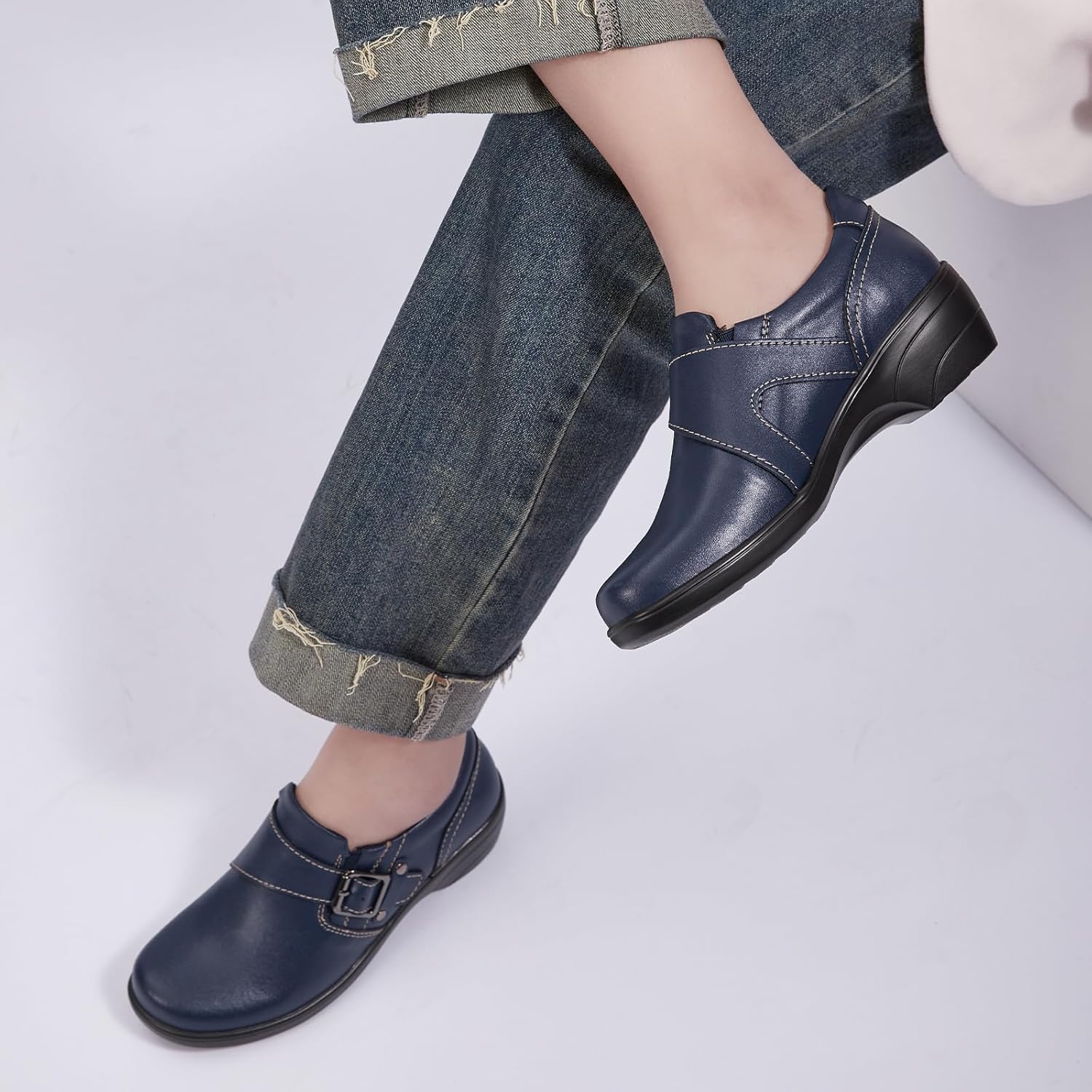 Loafers for Women Leather Dressy Arch Support Memory Foam Buckles Comfortable Low Heel Casual Shoes Ladies Business Work Office Flats Navy US 7.5 - Image 2