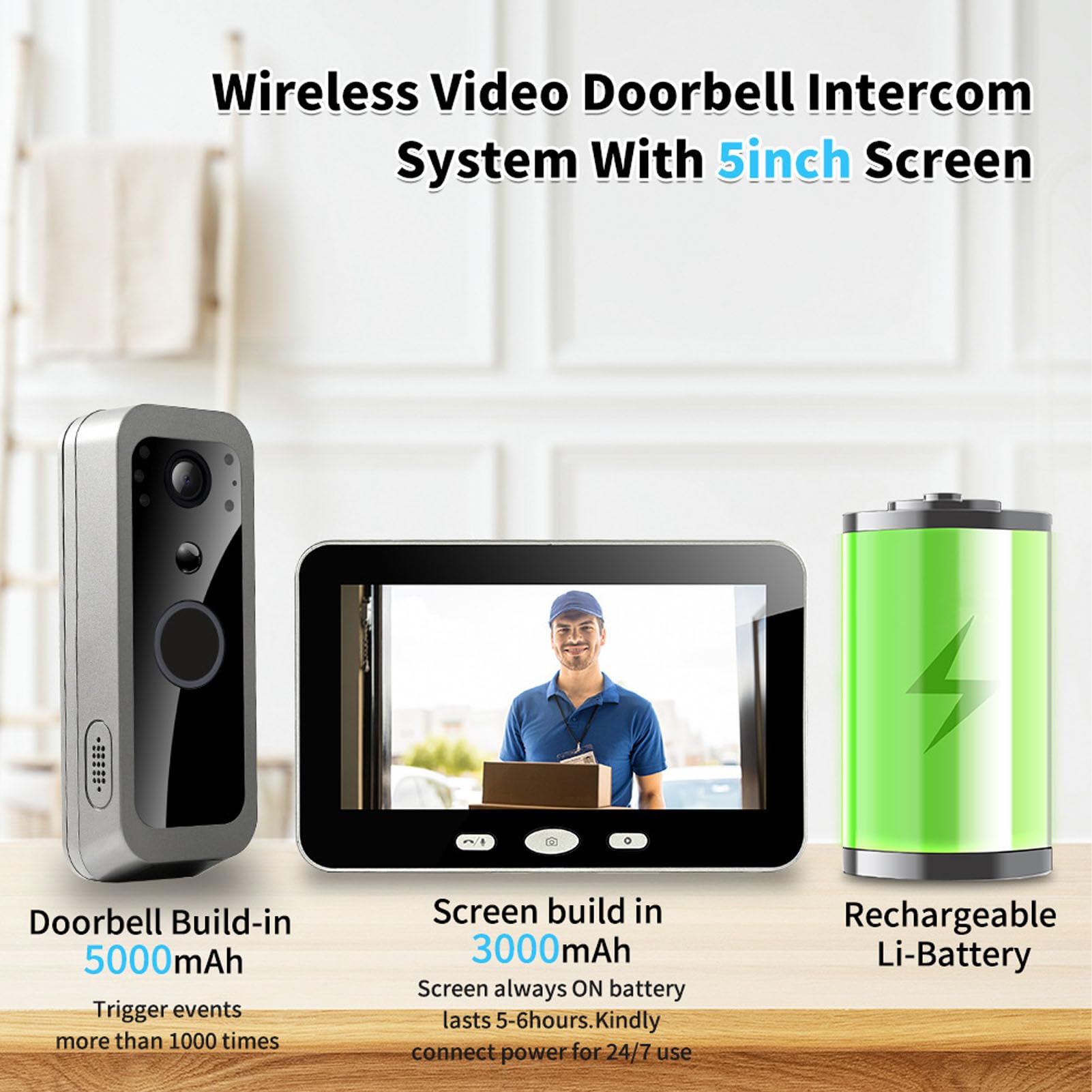 Kikumi Campanello Visivo Wireless, Videocamera Campanello Video WiFi con Display IPS da 5 Pollici Visualizzazione 1080P a 150 Gradi Rilevamento Movimento PIR, Monitoraggio Remoto APP