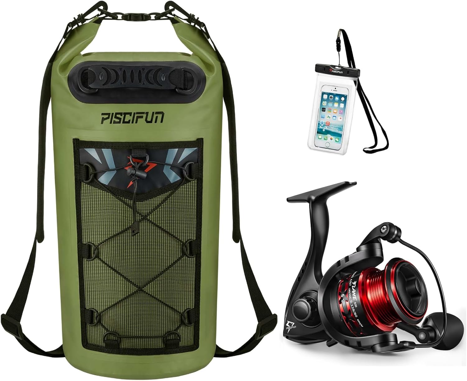 Piscifun Flame Spinning Reels, Light Weight Ultra Smooth Powerful Spinning Fishing Reels Black & Red 500 Series and Piscifun Dry Bag, Waterproof Floating Bag 10L Green