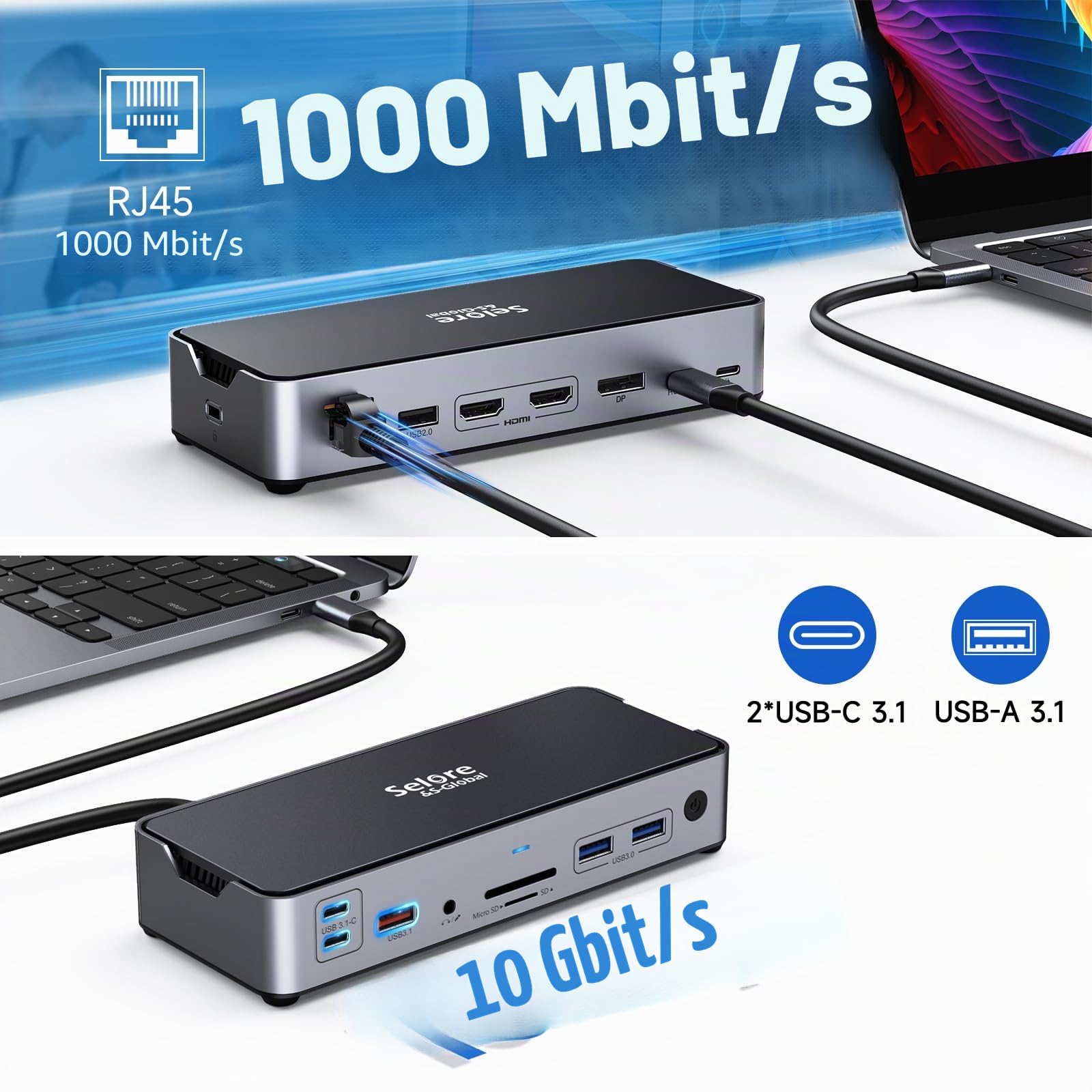 Station d'accueil USB C avec bloc d'alimentation 65 W - Double écran - Station d'accueil pour ordinateur portable - Triple écran avec 2 HDMI, DisplayPort Dock 10 Gbps USB 3.1 A/C, USB3.0, USB2.0, RJ45