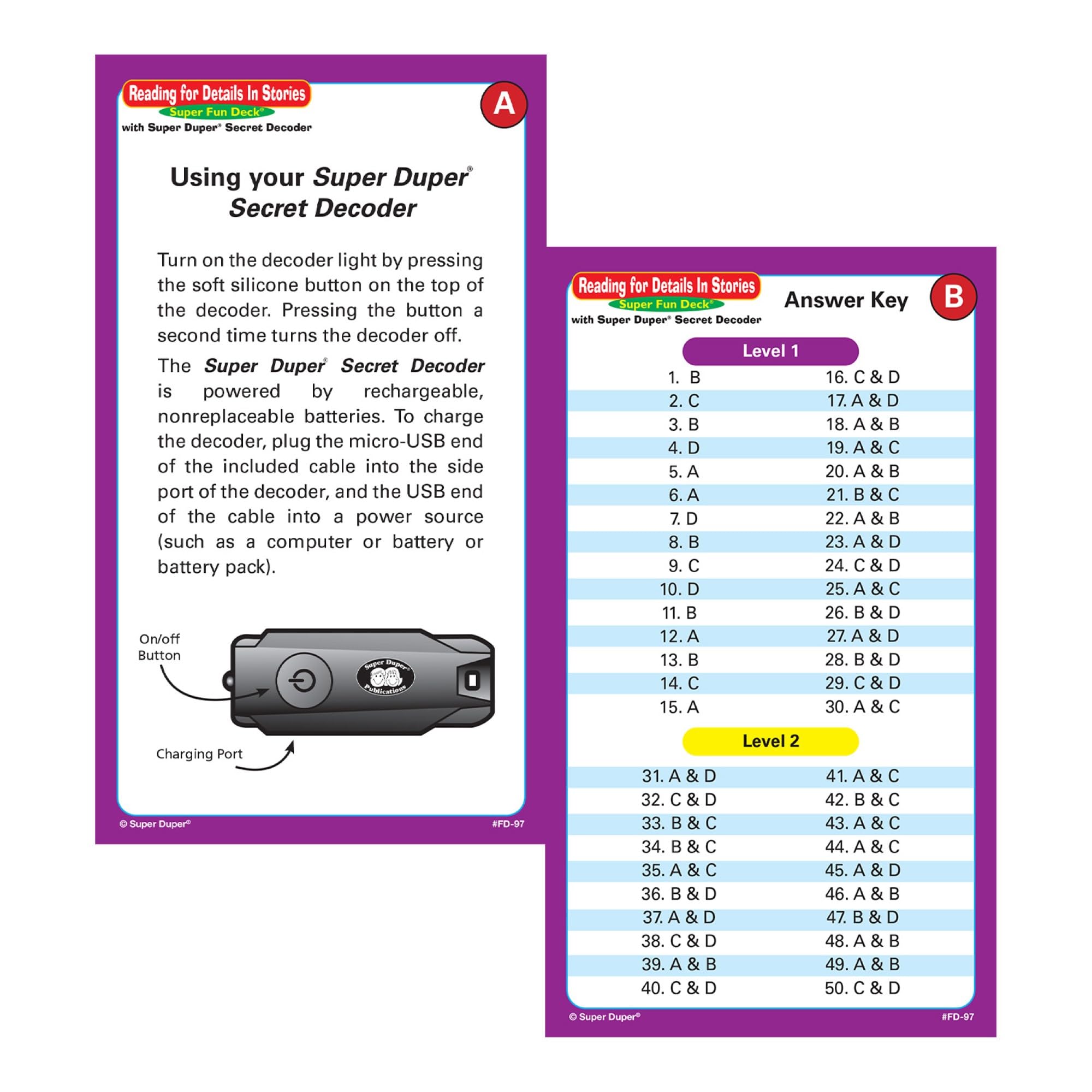 Super Duper Publications | Lecture pour plus de détails dans les histoires Cartes flash amusantes avec décodeur secret | Ressource d'apprentissage éducative pour les enfants