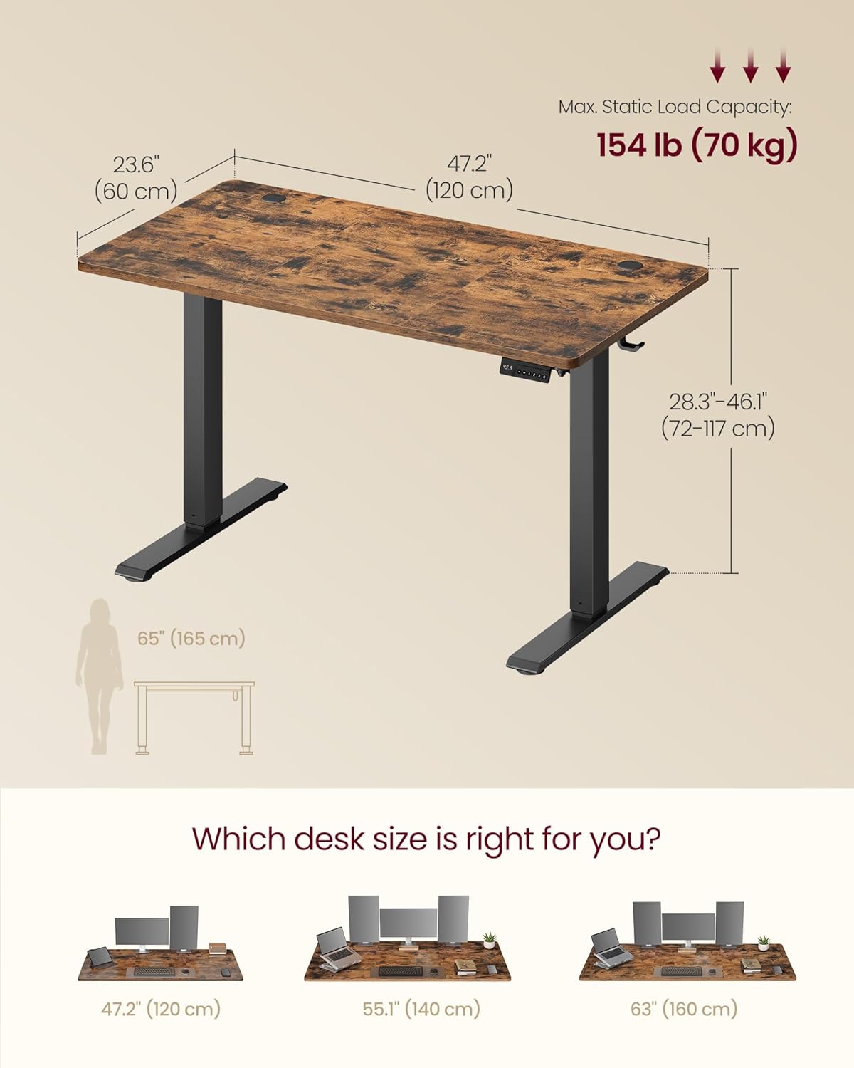VASAGLE Electric Standing Desk, Height Adjustable Desk, Sedentary Reminder, 4 Memory Heights, for Home Office, 47.2 x 23.6 Inches, Rustic Brown ULSD312KD020S
