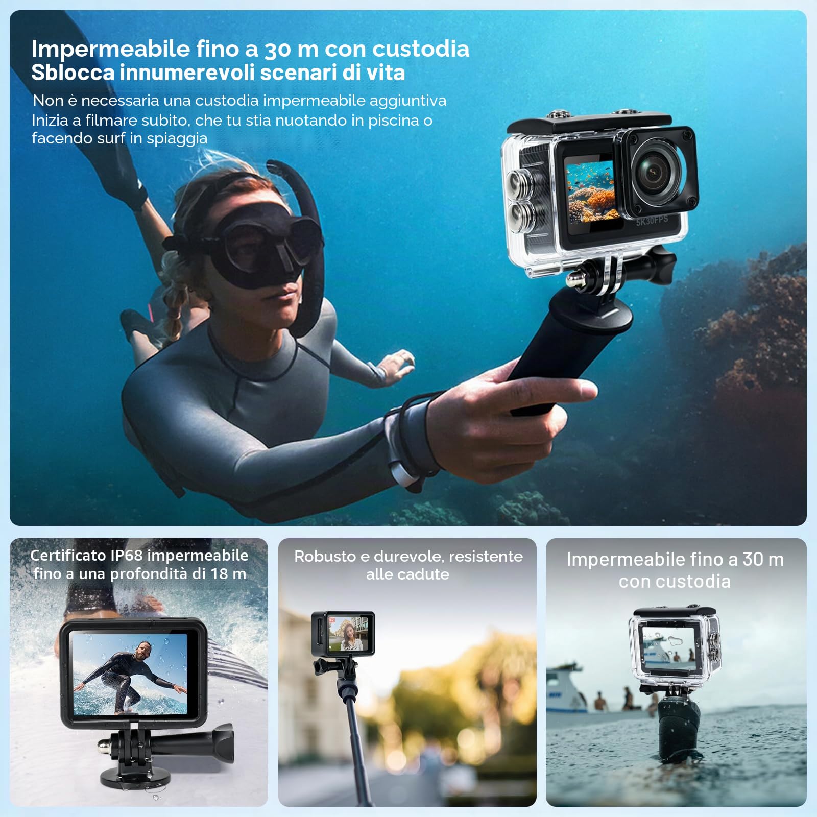 AIKER Action Cam,Professionale WIFI Action Camera Supporta 5k/30FPS/64MP/3.0EIS/Autonomia Eccezionale/Prestazioni Notturne Eccellenti/Action Camera Supporto Magnetico Originale/40m Impermeabile