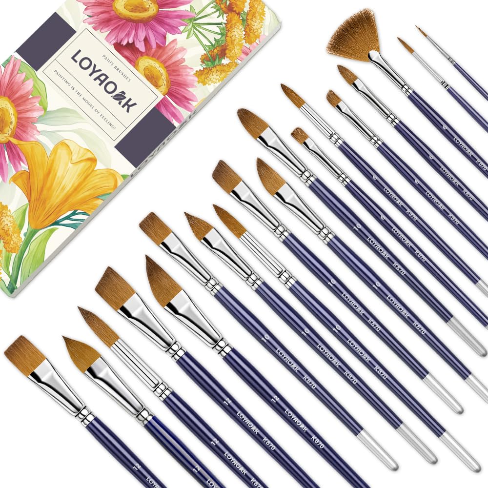Loyaoak Sable Watercolor Brushes-18pcs Soft Sable Hair Paint Brush Set- Round Tip, Flat, Filbert, Dagger, Fan, Angular, Cat’s Tongue and Liner-K870 Dark Blue