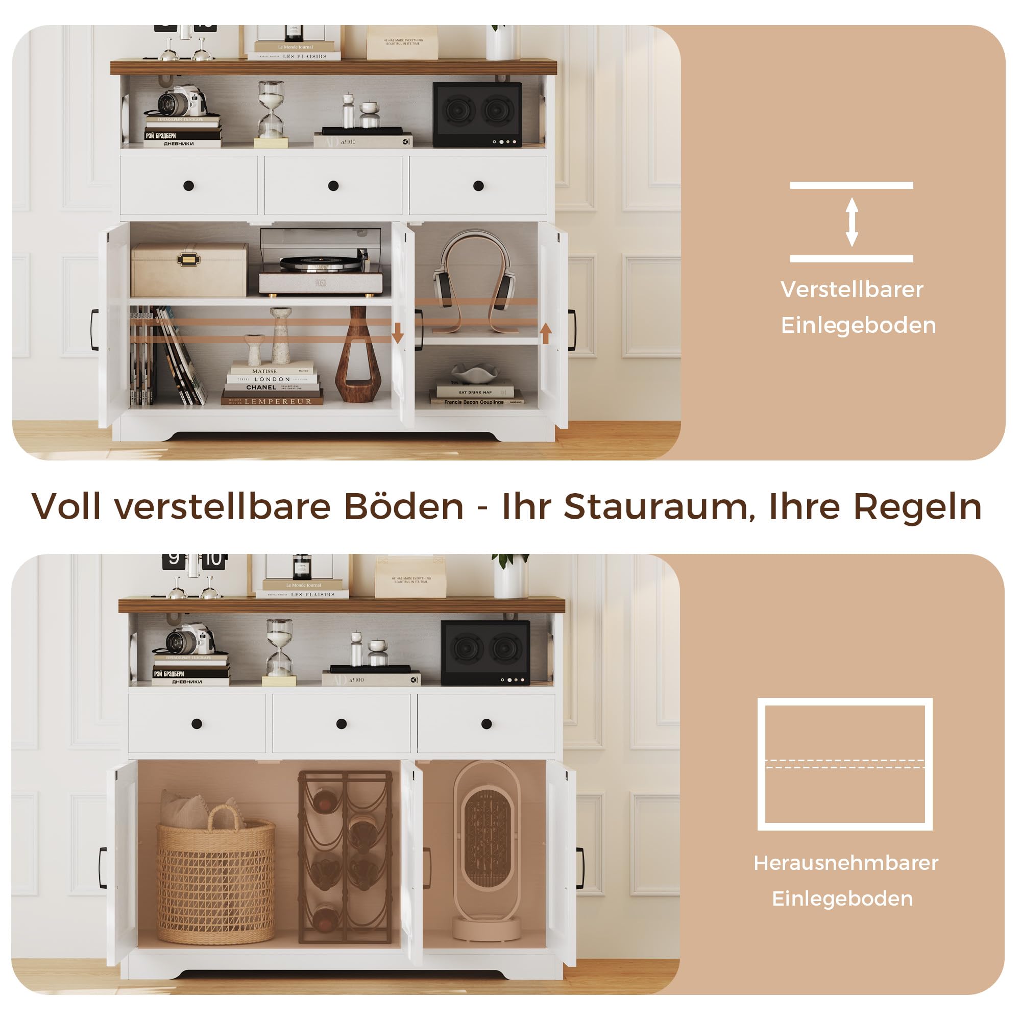 IRONCK Küchenschrank Sideboard mit Steckdose 2AC+1USB+1C, Aufbewahrungsschrank 3 Schubladen 3 Türen, Küchenbuffet Kaffeebar Schrank für Wohnzimmer Esszimmer, verstellbare Ablage 107x35x95cm (Weiß)