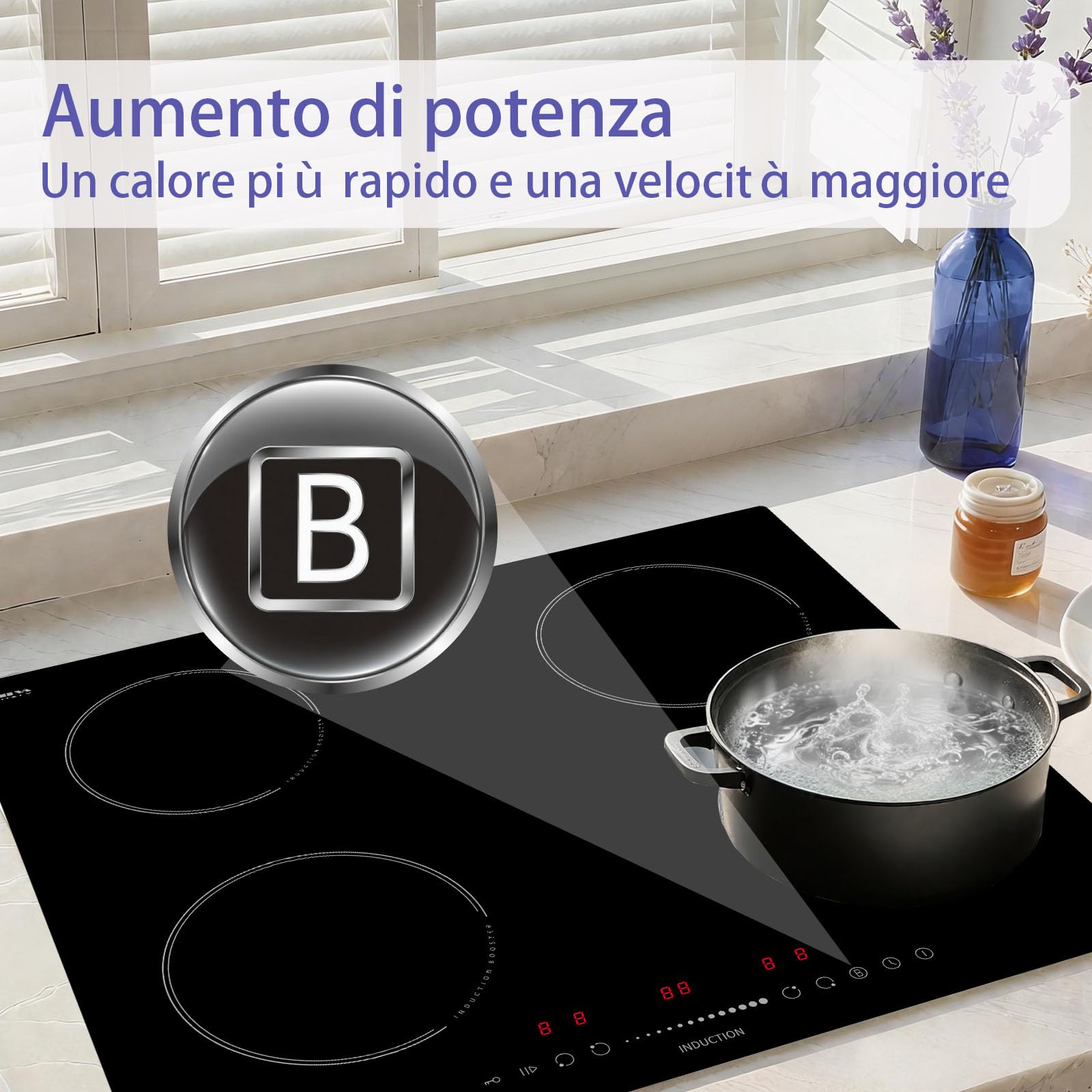 Płyta indukcyjna z 4 palnikami, 59 cm, 7400 W, płyta indukcyjna STARCHARTS z funkcją Boost, bezpieczeństwo dzieci, suwak dotykowy, pauza, timer, szkło Italy ILVA