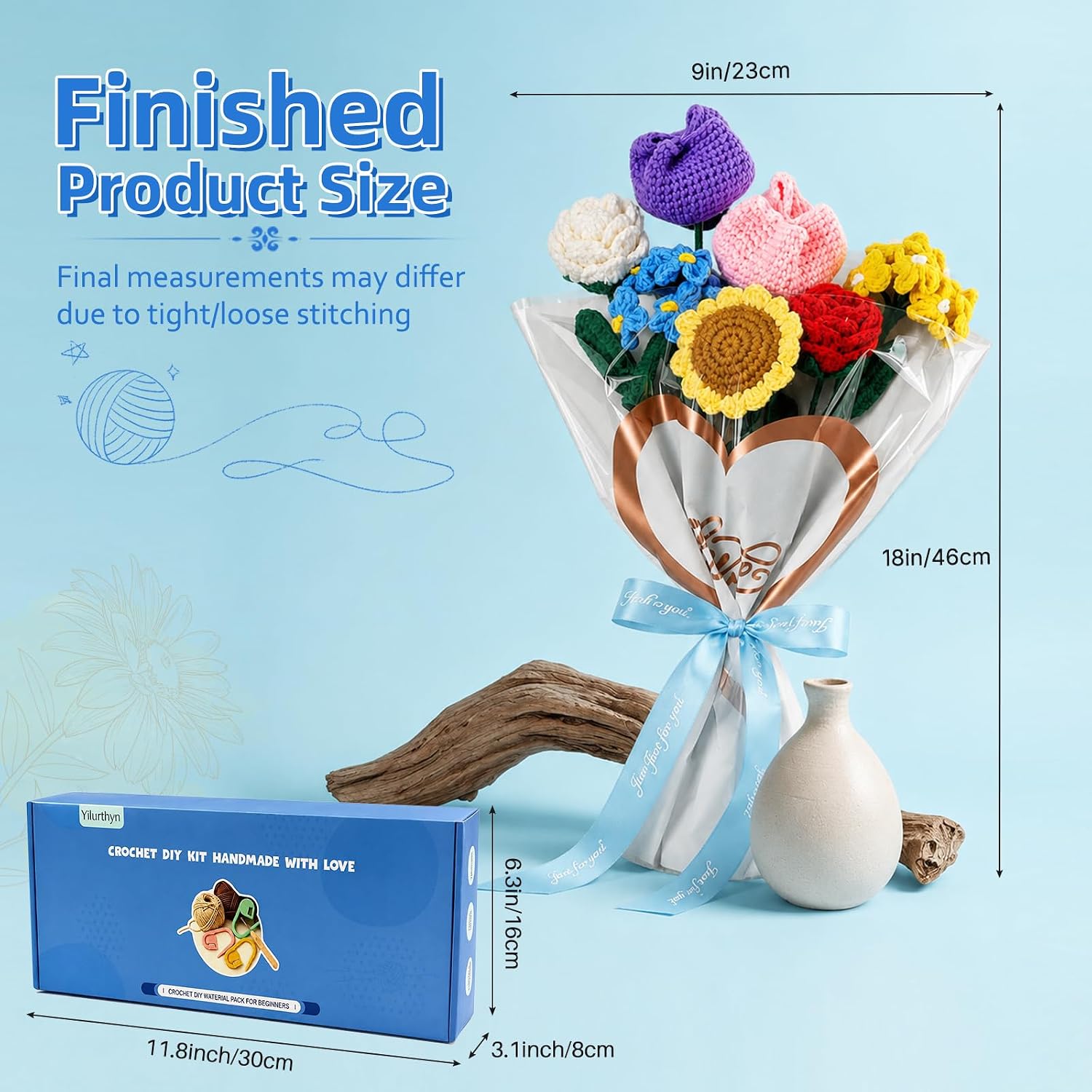Yilurthyn Crochet Kit DIY Handmade Flower Rose Tulip Sunflower 7pcs Bouquet