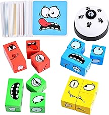 Wooden Face Changing Magic Cube Game, Expression Puzzle Building Blocks Pattern Matching Game, Educational Puzzles Toy Board Games for Kids and Adults with Bell