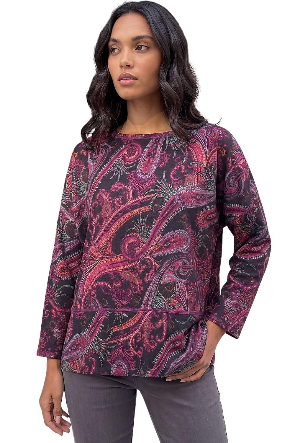 Roman Originals Paisley Print Snit Top for Women UK - Ladies Everyday Autumn Winter Round Neckline Comfy Soft Evening Vacation Work Party Night Out