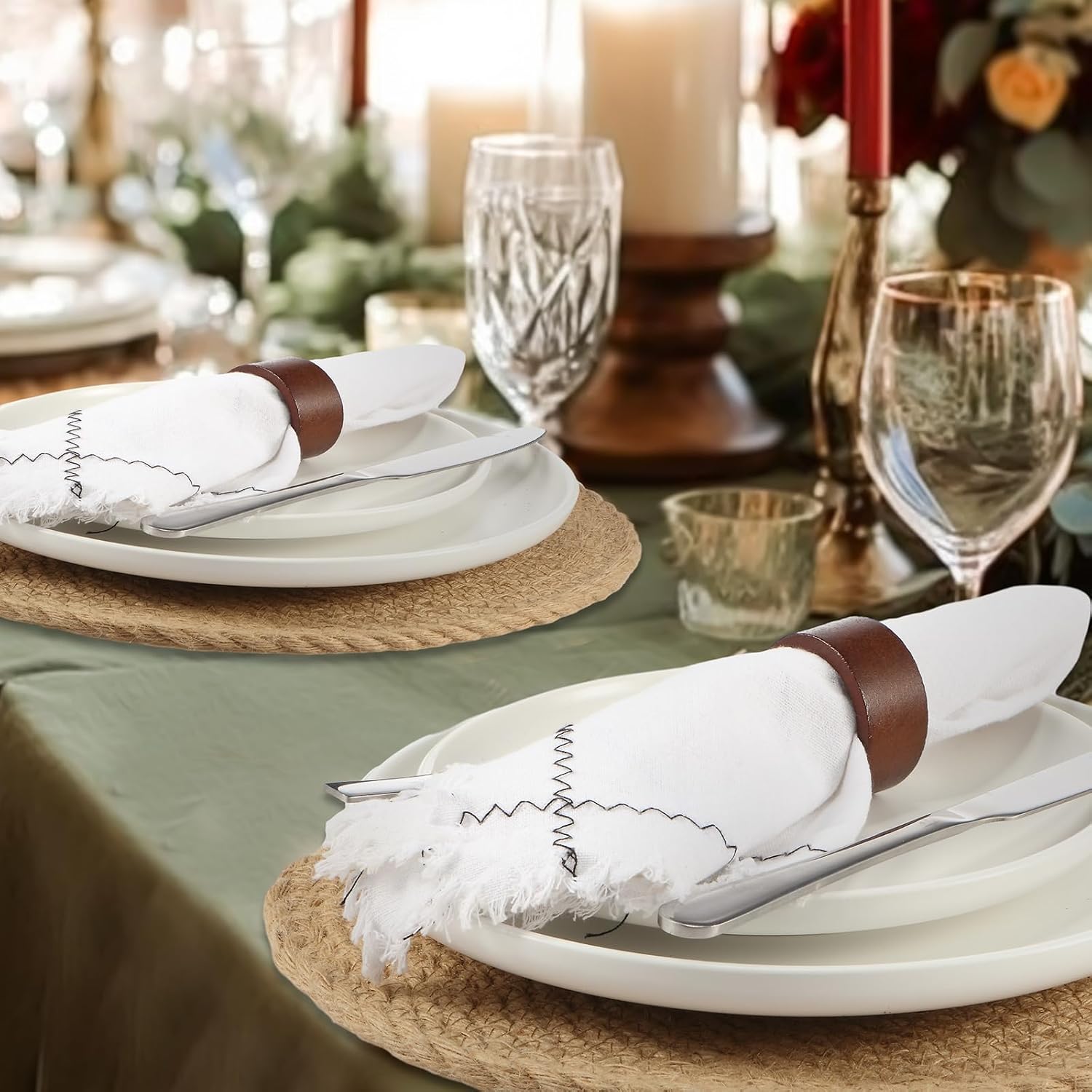 Newtay 16 Pcs Wedding Table Supplies Round Woven Placemats 11.8 '' Wooden Napkin Rings Braided Dining Natural Table Mats Weddings Dinner Parties Kitchen Centerpieces Tabletop Decoration
