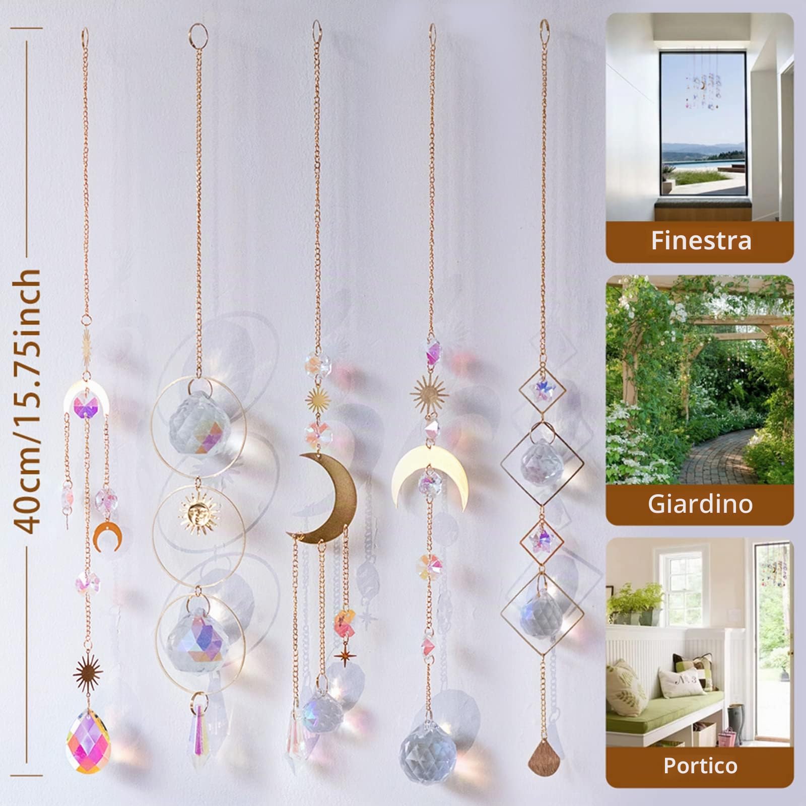 5 Pezzi Acchiappasole Cristallo Appeso Scacciapensieri Arcobaleno Sole Luna Ciondolo Ornamento Sfere per Finestra Casa Giardino Natale Giorno Festa Matrimonio