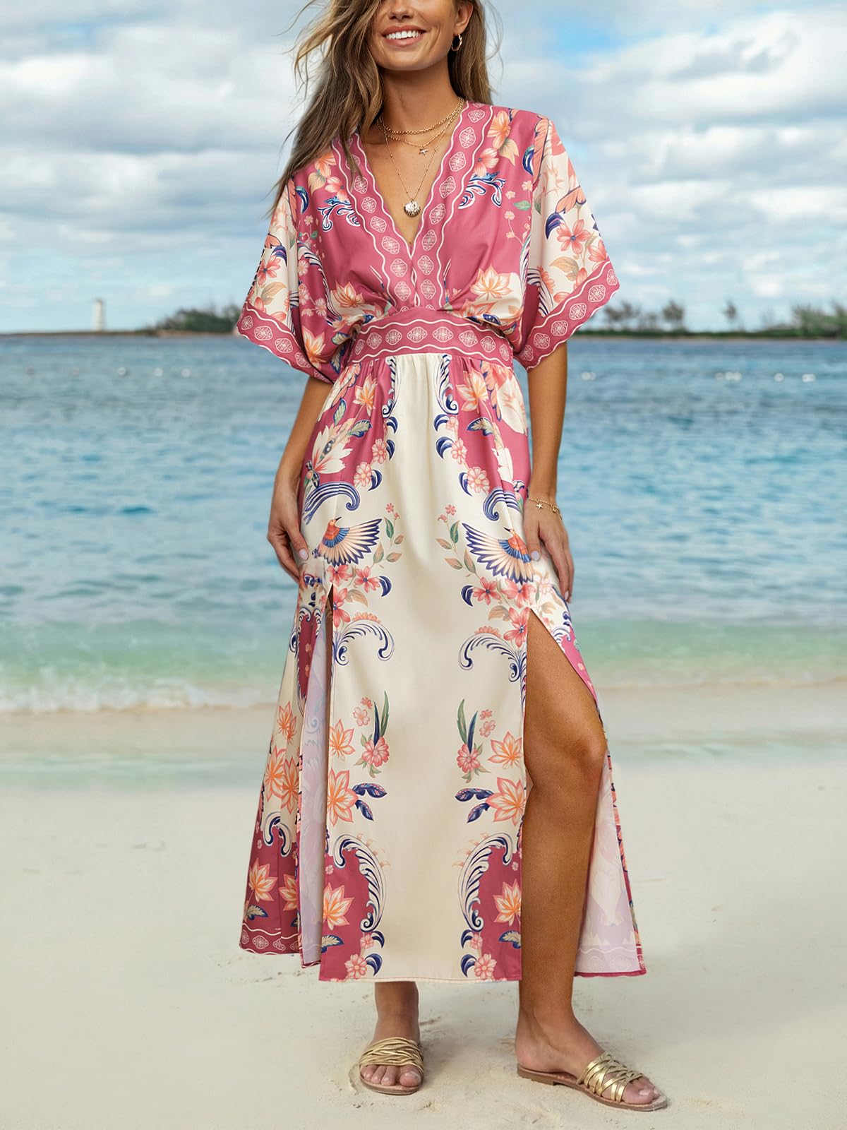 CUPSHE Damen Sommerkleid Dolman-Ärmel Blumenmuster Seitenschlitz Maxikleid