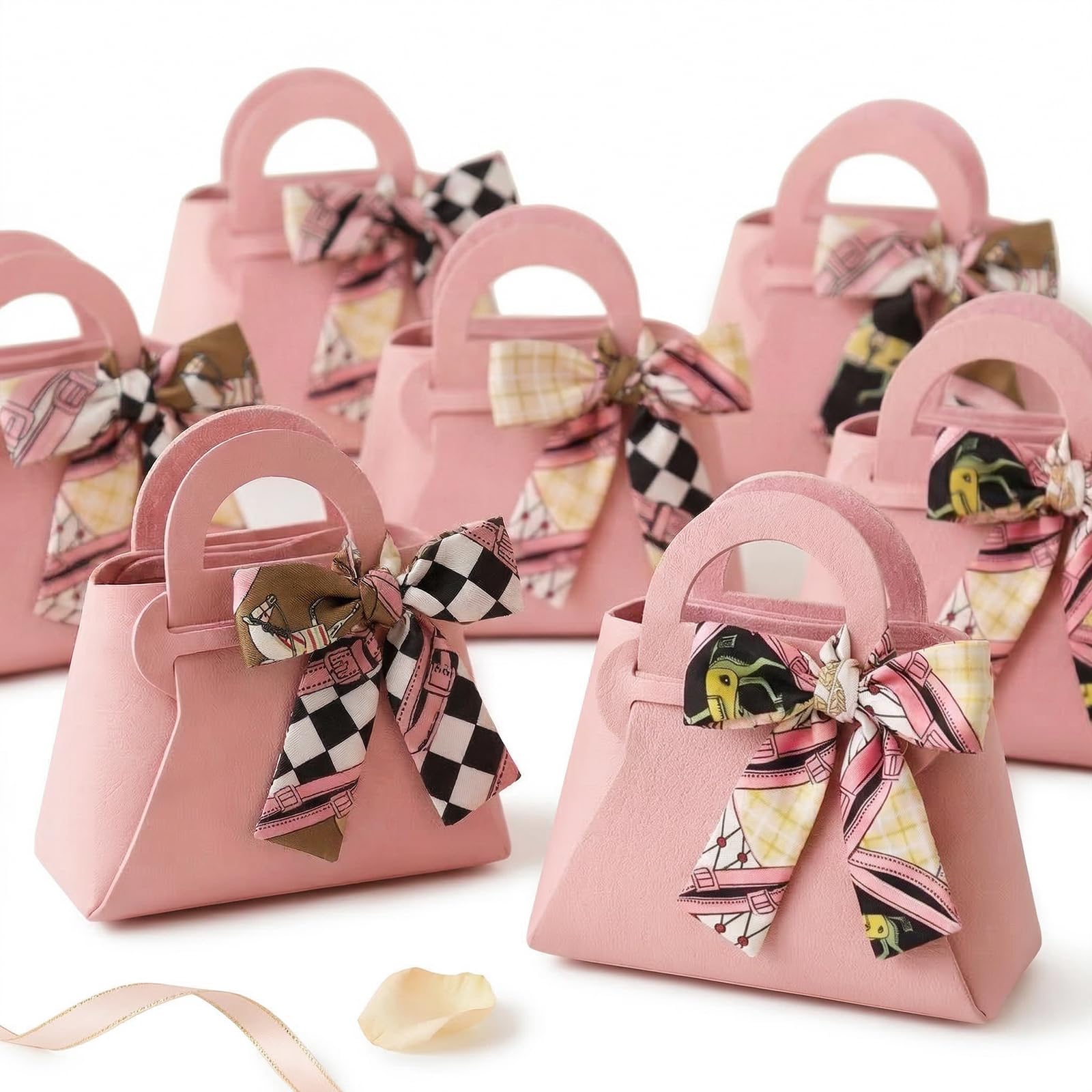 VGOODALL Small Gift Boxes with Bow Handle, Party Favor Boxes, 10 Pack, Pink, PU Leather for Wedding, Baby Shower, Birthday